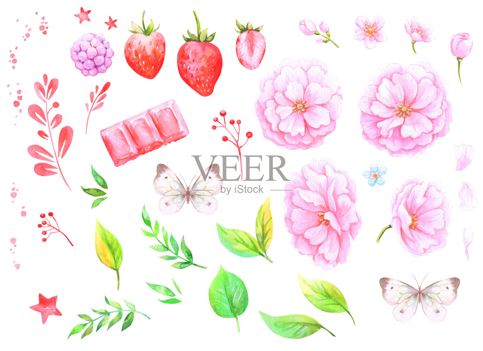 一套美丽的粉红色水彩樱花，樱花，树叶，蝴蝶，草莓，巧克力和装饰树枝插画图片素材