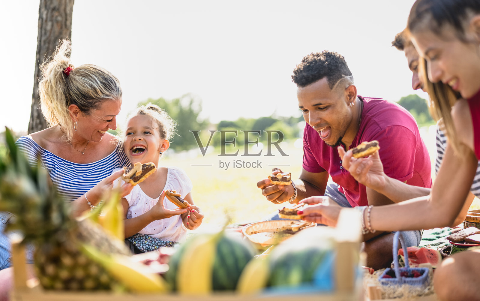 多种族家庭在野餐派对上与孩子玩耍的快乐的视角-多种族爱的概念与混合种族的人与孩子在公园吃-温暖生动的滤镜照片摄影图片