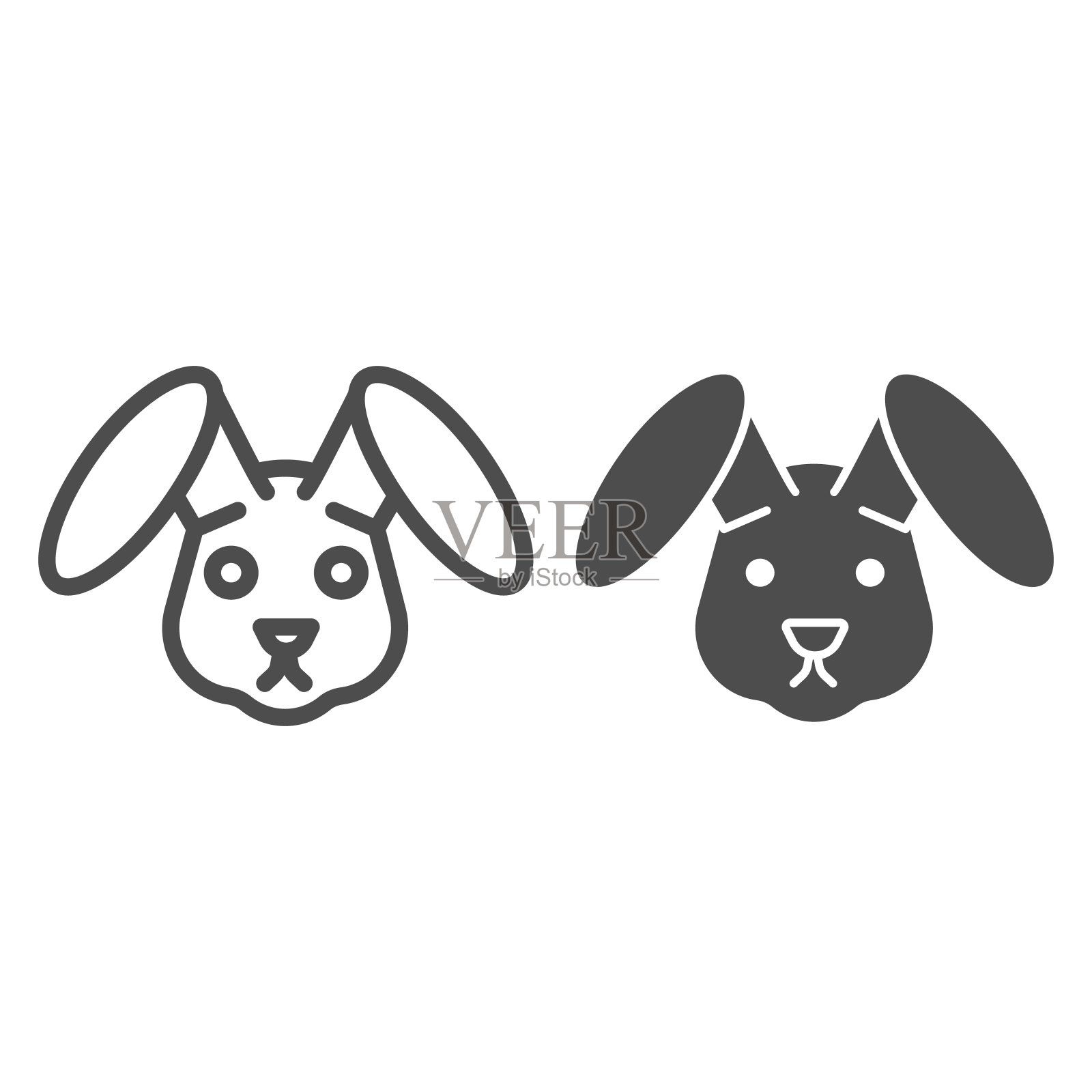 兔头线和立体图标。复活节兔子，可爱的动物脸上简单的剪影。动物矢量设计概念，轮廓风格的象形图上的白色背景，用于web和应用程序。Eps 10。图标素材
