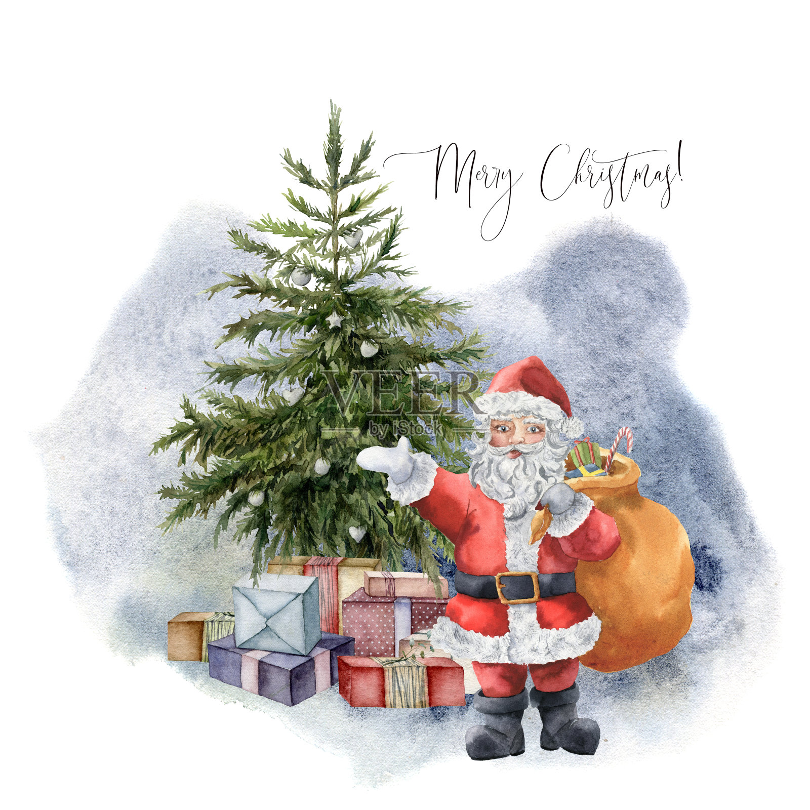 水彩圣诞贺卡与冷杉树和圣诞老人。手绘礼盒，玩具和糖果拐杖孤立在蓝色背景。假日插图设计，印刷，织物或背景。插画图片素材