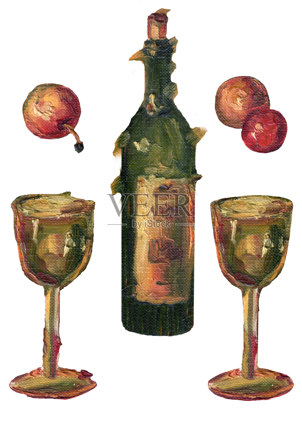 颜色设置油。一瓶酒，一个杯子，苹果。孤立的白色背景。插画图片素材
