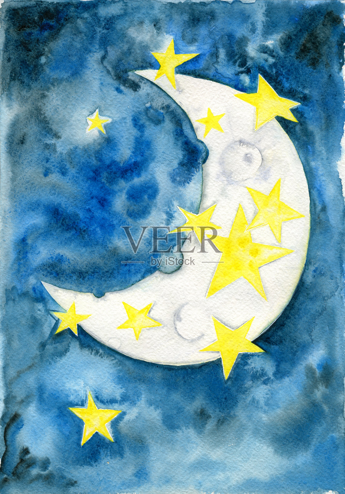夜空中的月亮和星星。新月。插画图片素材