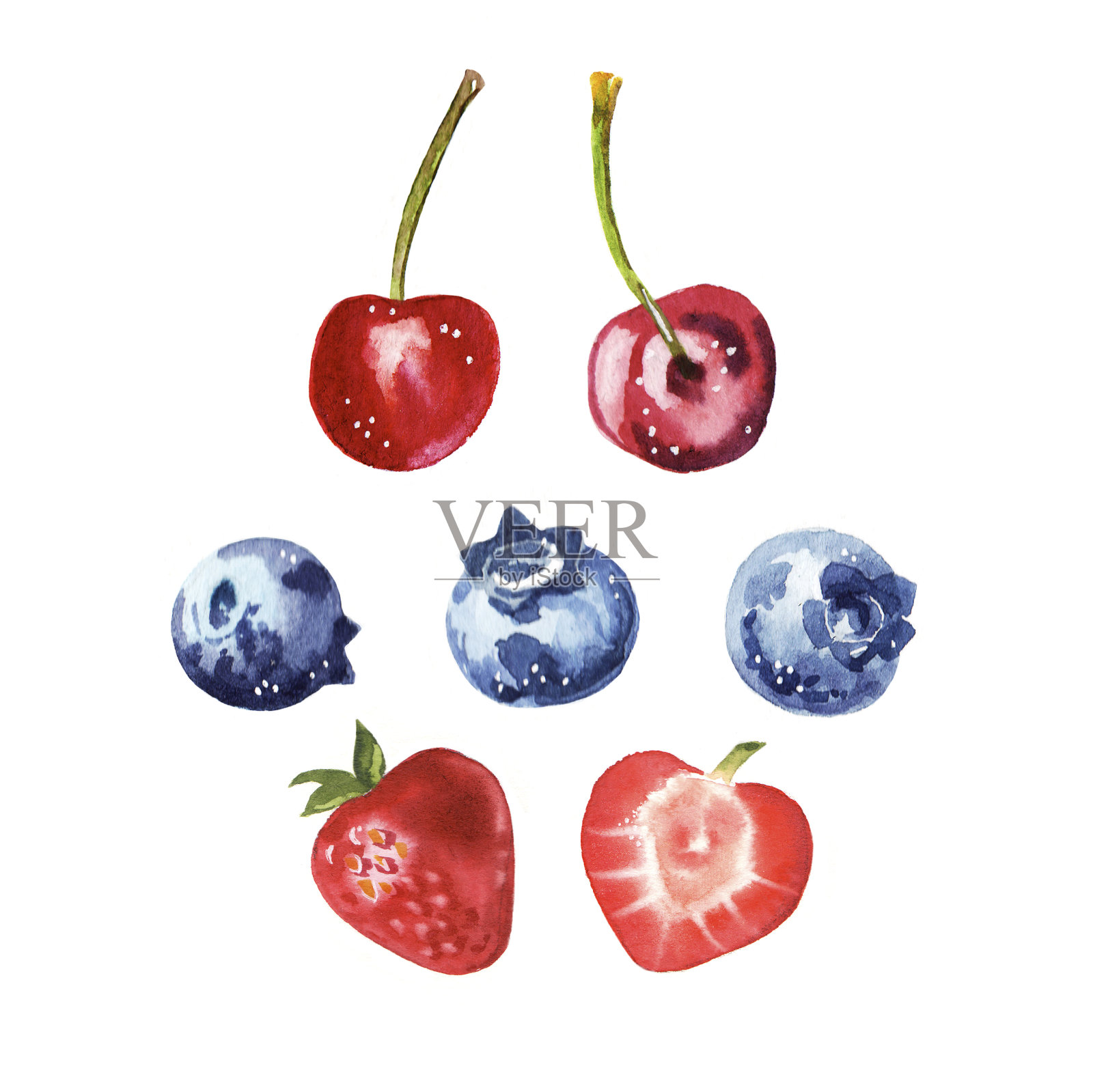 水彩手绘夏季浆果樱桃，草莓和蓝莓插图集插画图片素材