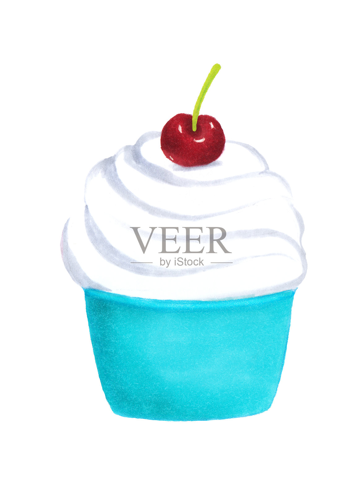 香草冰淇淋与生奶油和樱桃在蓝色杯孤立在白色背景。手绘写实插图。可爱风格的产品设计。亲爱的甜点。插画图片素材