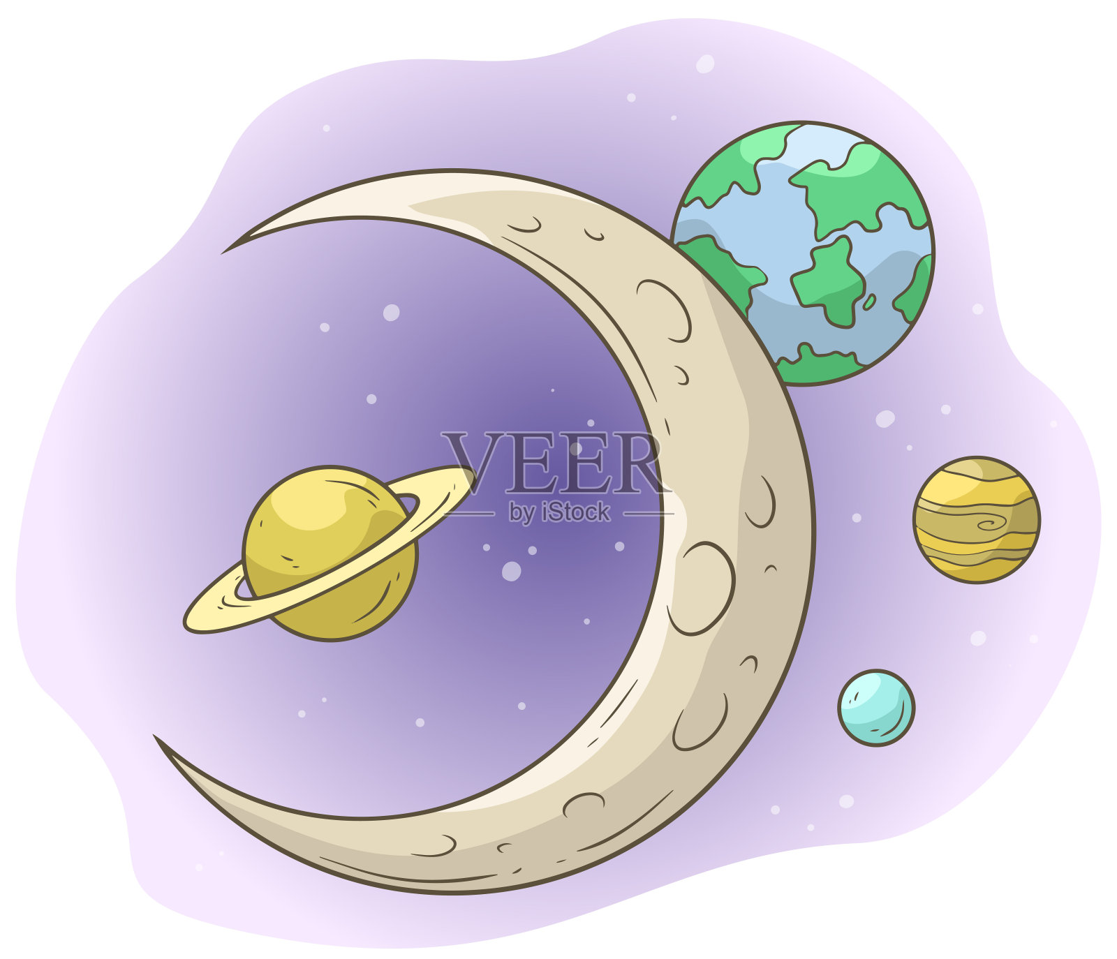 卡通空间插图与月球和行星设计元素图片