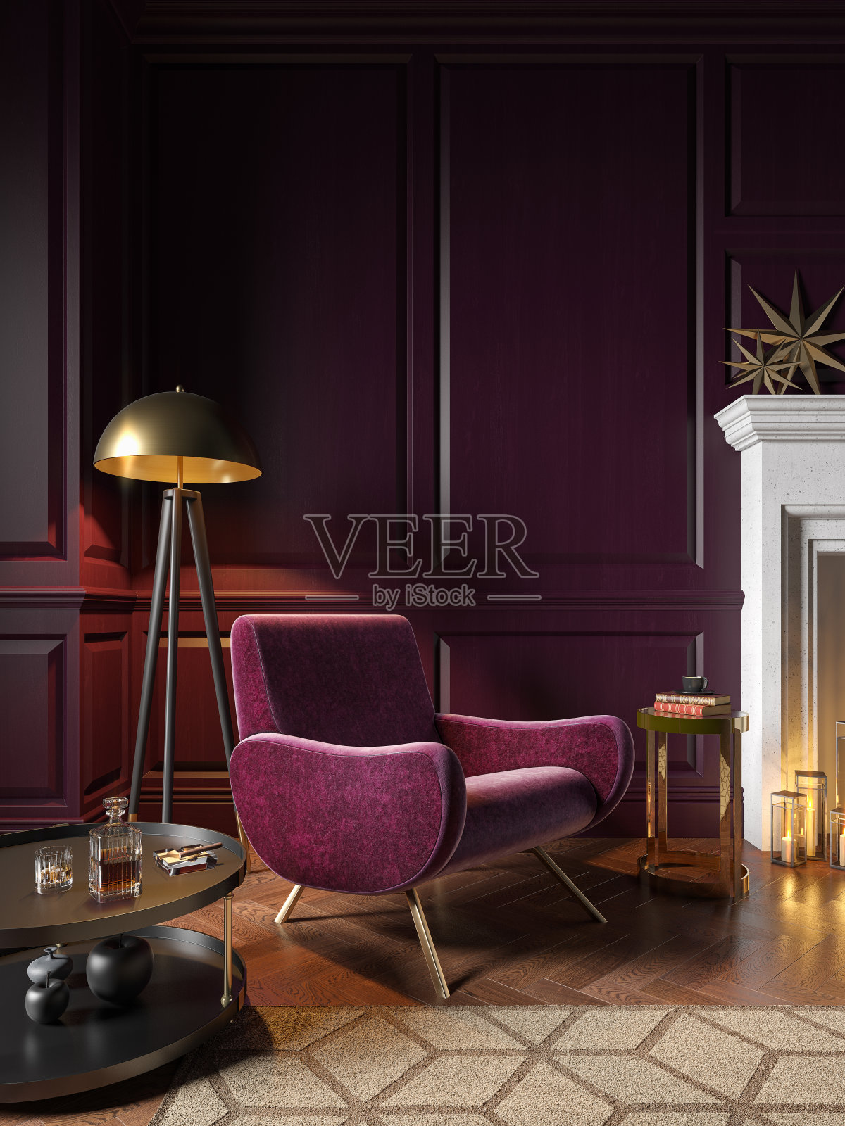 古典紫色内饰有扶手椅、壁炉、蜡烛、咖啡桌、落地灯、地毯。3d渲染插图模拟。照片摄影图片