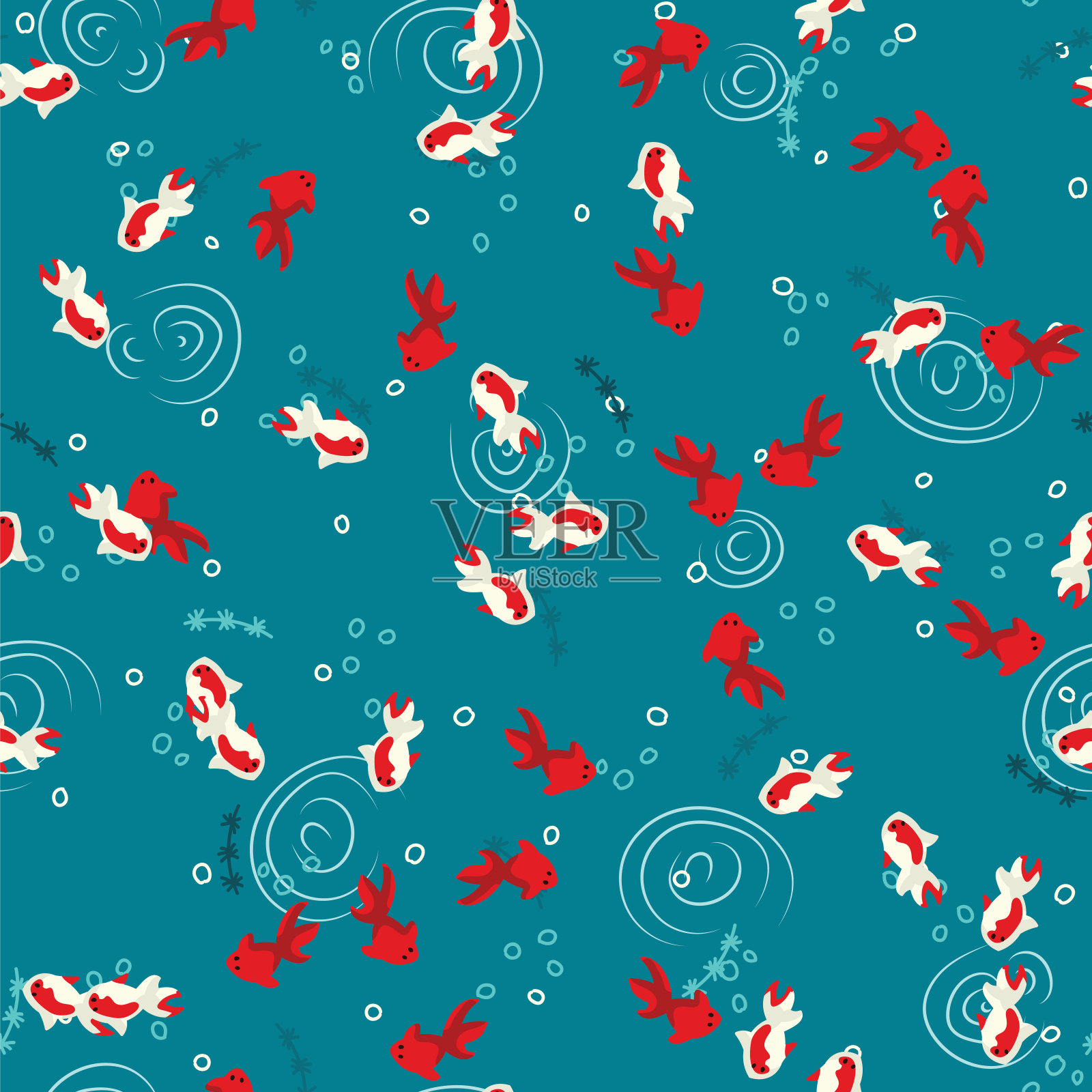 无缝图案白色和红色锦鲤游泳在蓝色池塘水俯视图。金鱼游泳在湖水模式的背景插画图片素材