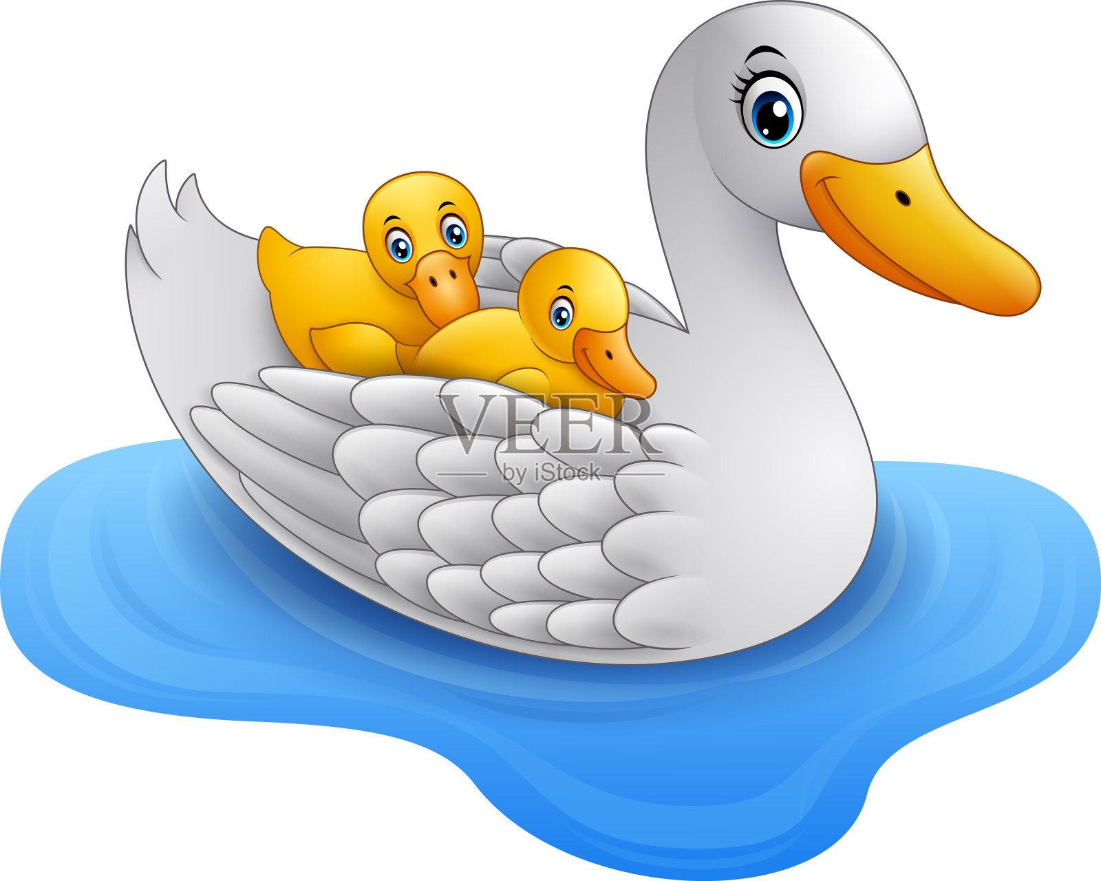卡通鸭妈妈和小鸭子浮在水上设计元素图片