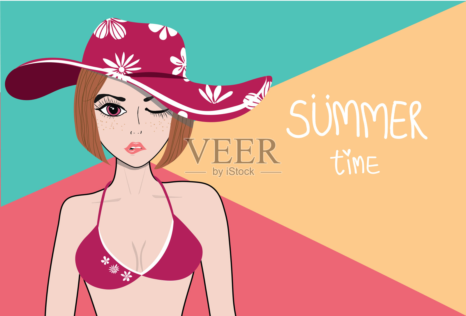 一个美丽的短发女士穿鲜艳的粉红色帽子和比基尼的夏季时间在柔和的颜色背景矢量插图插画图片素材