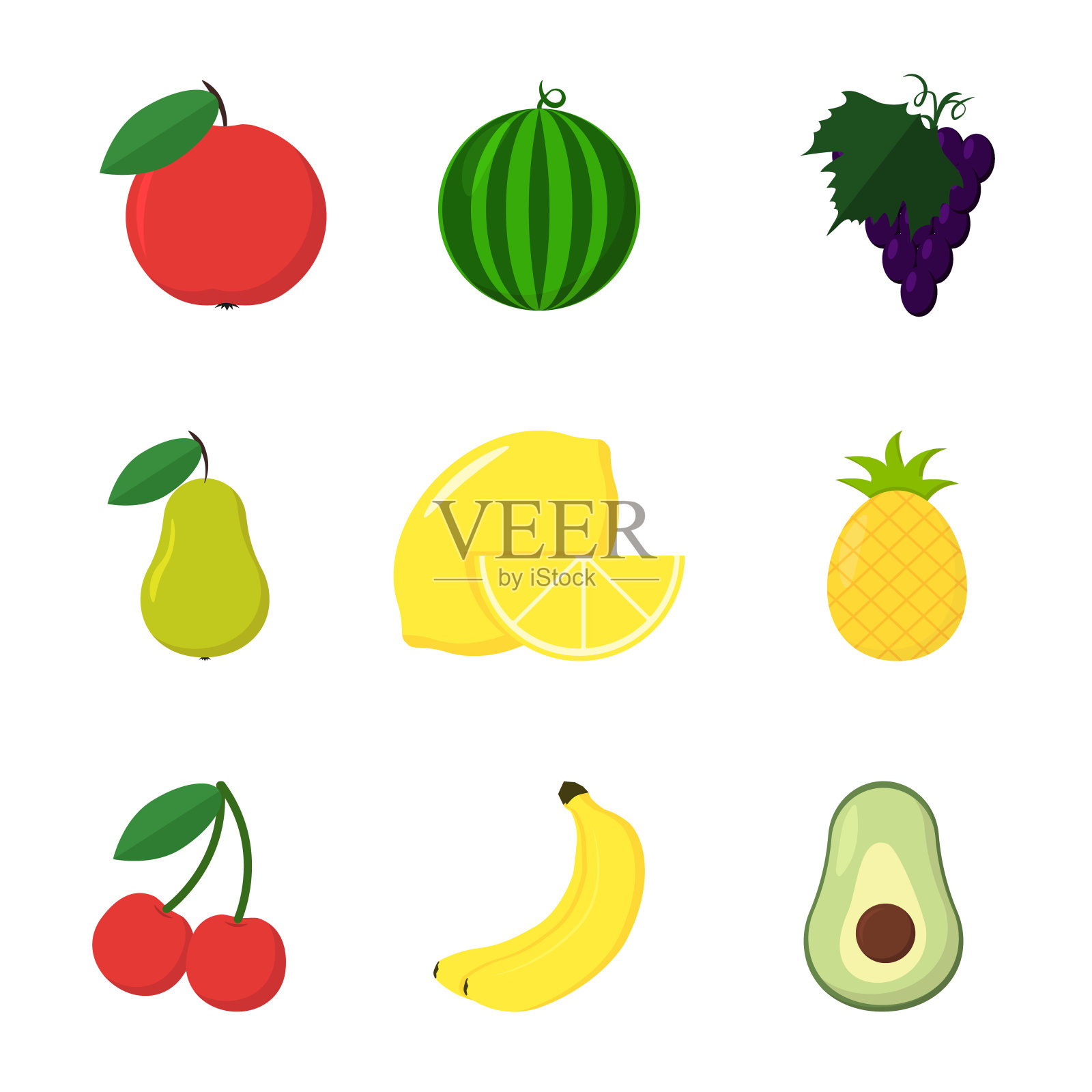 一套九个水果在扁平风格插画图片素材