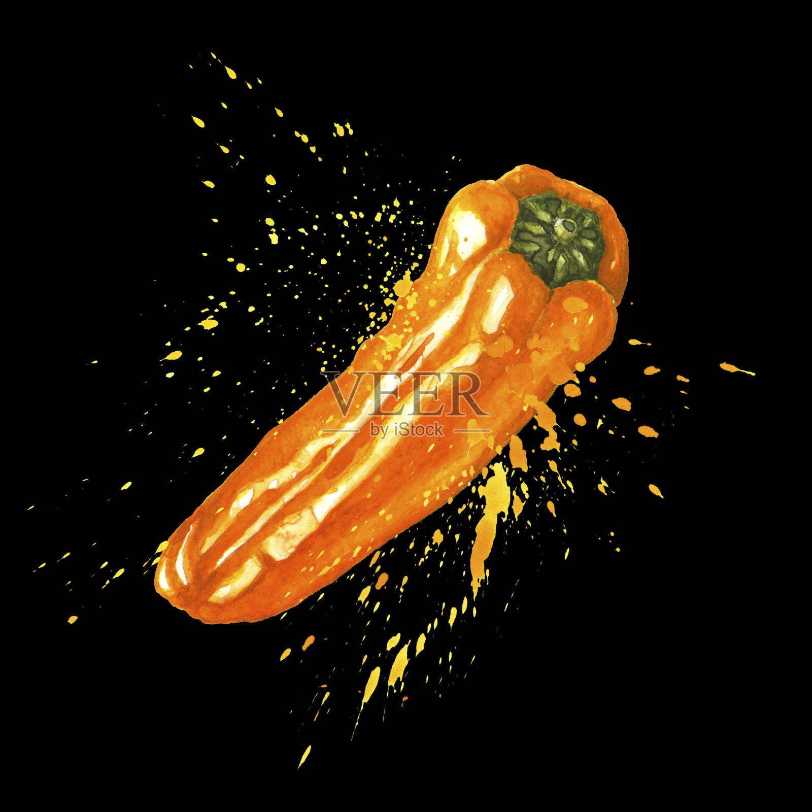 橙黄色小胡椒粉，可喷洒。新鲜的甜辣椒。手绘水彩艺术孤立的黑色背景。菜单设计的食物插图插画图片素材