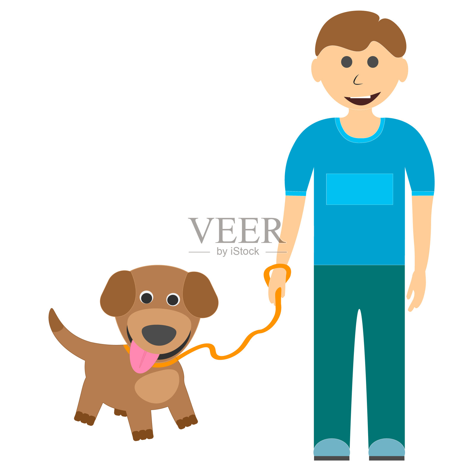 一个男孩带着一只可爱的小狗在散步。矢量插图。插画图片素材