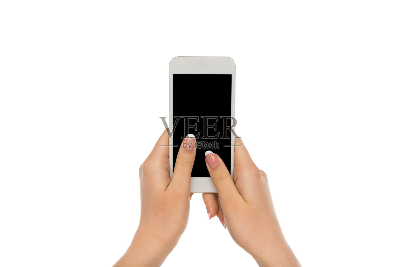 女性的手指着空白的手机屏幕照片摄影图片