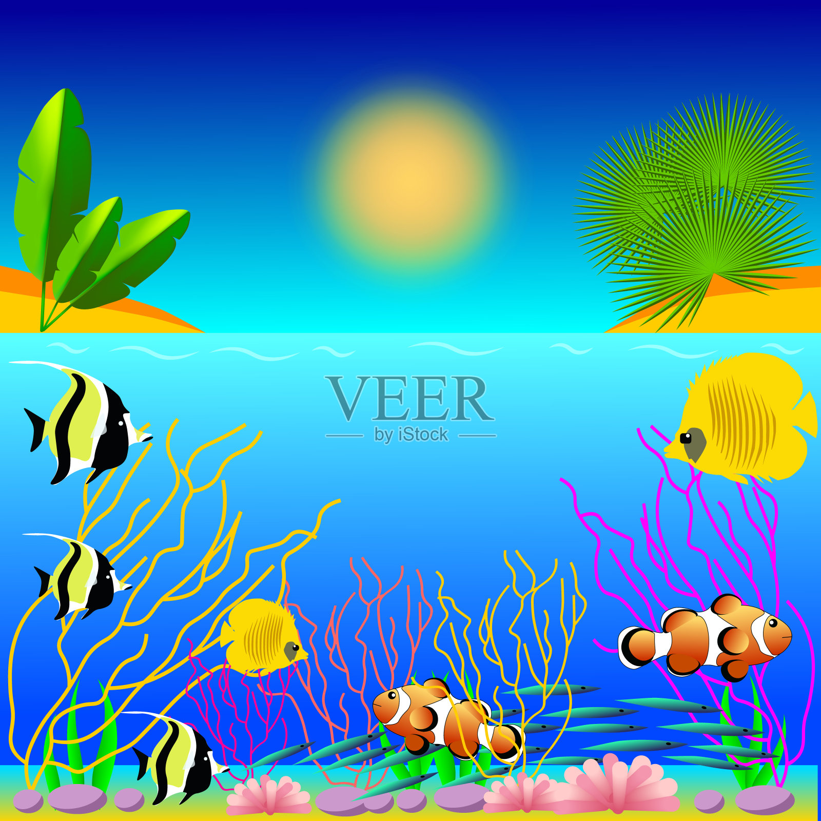 矢量插图的热带鱼与美丽的海底世界的海洋，海洋。水母，珊瑚，鱼，海星，逆戟鲸，海藻，石头，水，太阳，天空。海报,横幅。插画图片素材