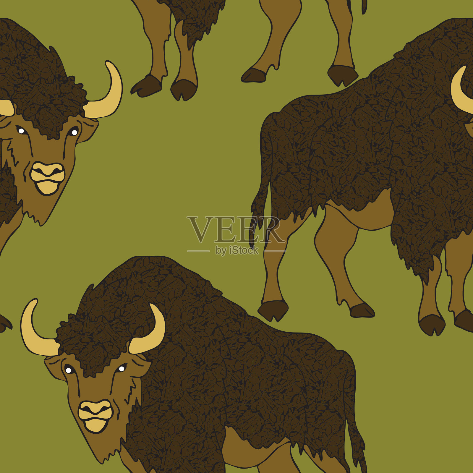 无缝矢量模式与水牛在绿色背景。野牛有纹理的毛皮。动物壁纸的设计。插画图片素材