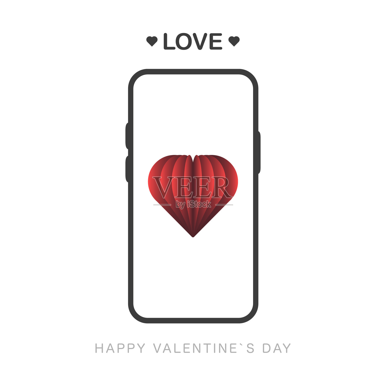 矢量快乐的情人节短信与爱的屏幕手机。孤立的假日信息插图上的白色背景。向量设计元素图片