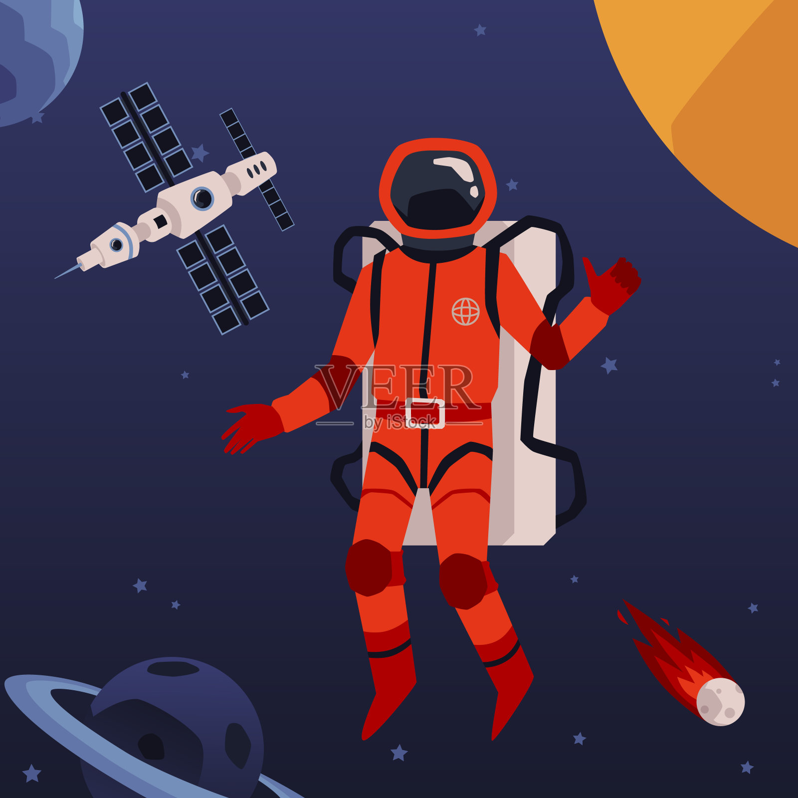 宇航员在外太空的飞船背景，平面矢量插图。插画图片素材