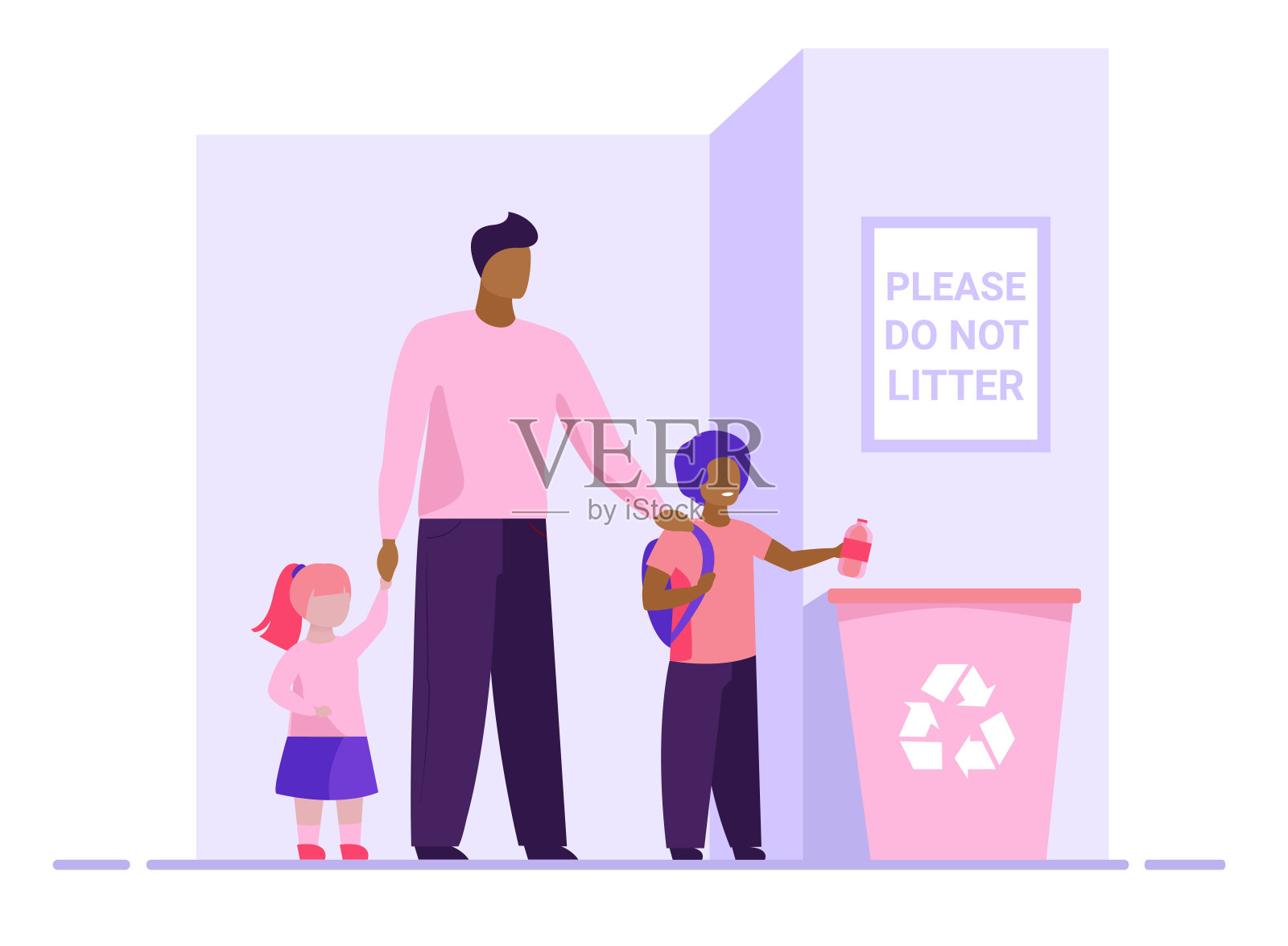 爸爸和孩子们在垃圾桶里扔垃圾插画图片素材