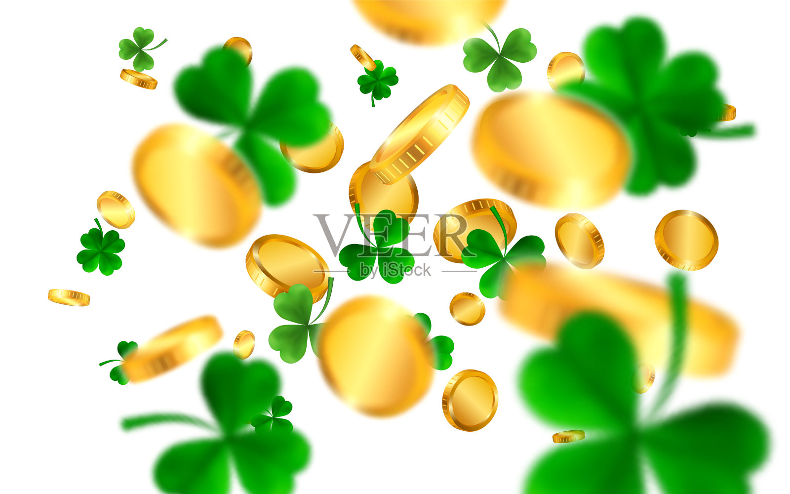 圣帕特里克节边界与绿色四和三叶草和金币在白色的背景。幸运和成功的象征。矢量图设计元素图片