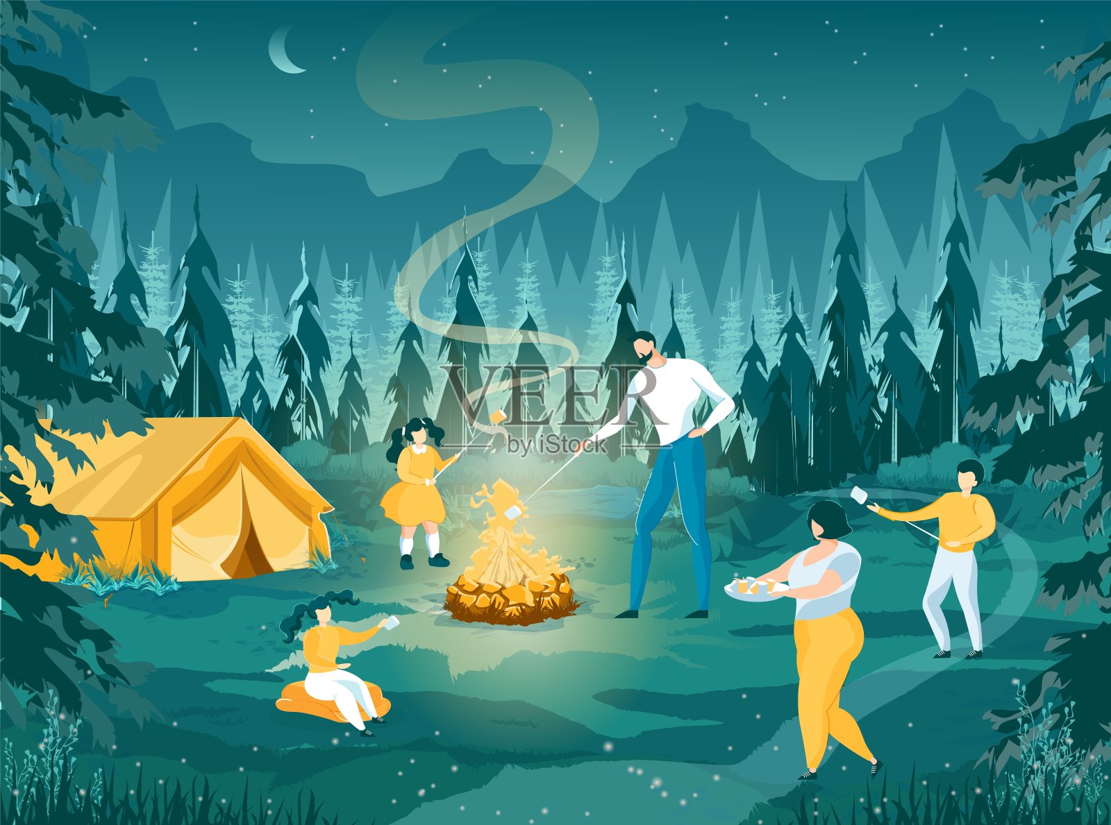 家人围坐在篝火旁制作棉花糖。插画图片素材