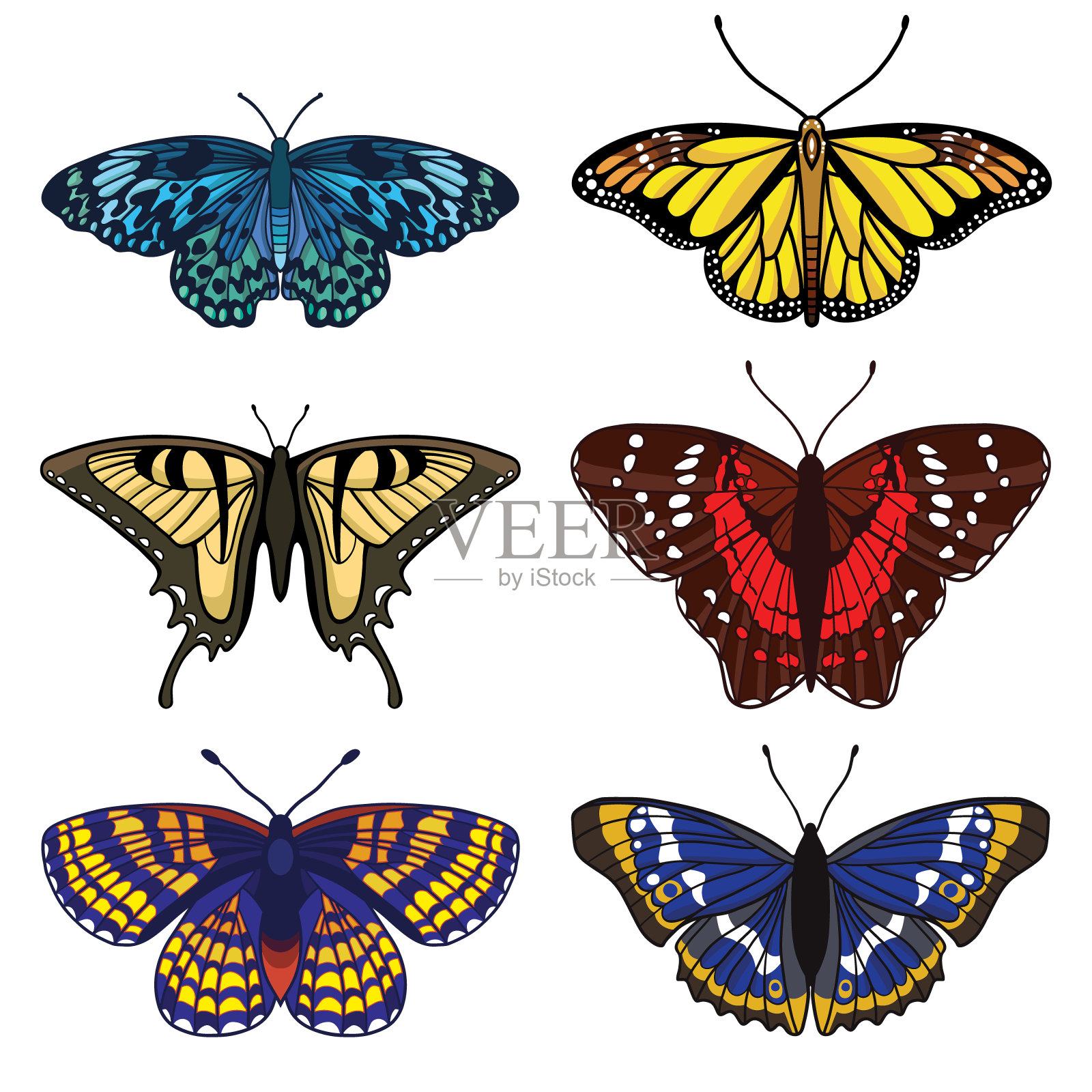 向量设置与蝴蝶隔离在白色背景设计元素图片