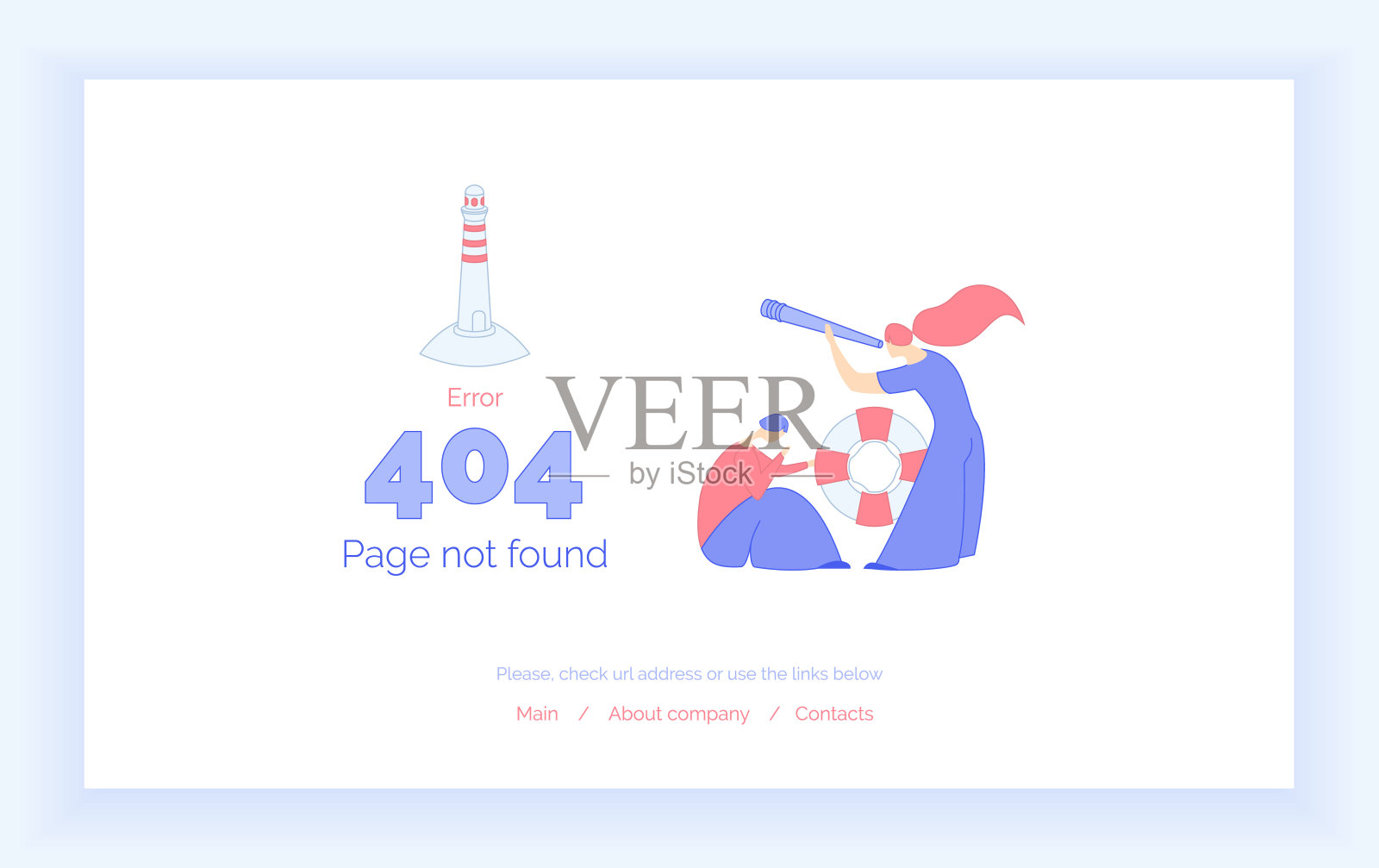 错误404。网页模板，网页没有找到。人物用望远镜瞄准灯塔寻求帮助。矢量插图，线条艺术。插画图片素材