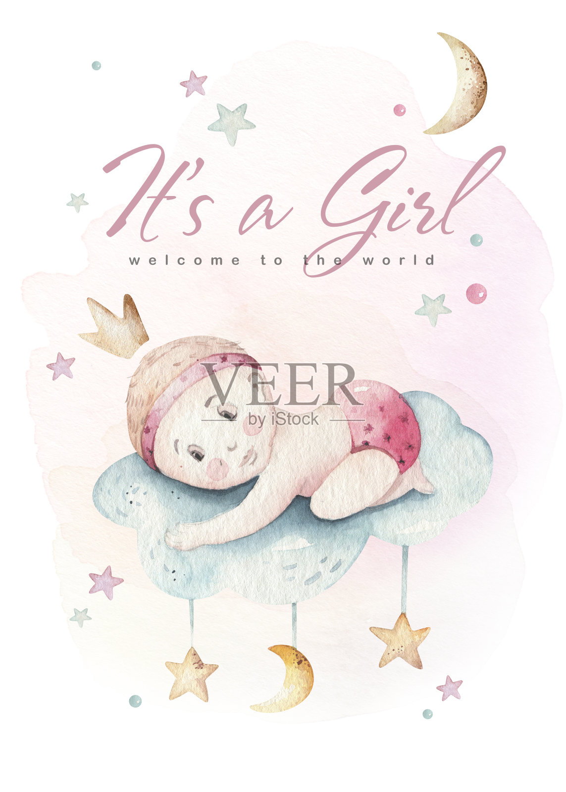 宝宝淋浴水彩女孩设计元素。一套婴儿粉色生日插图。新生儿派对邀请插画图片素材