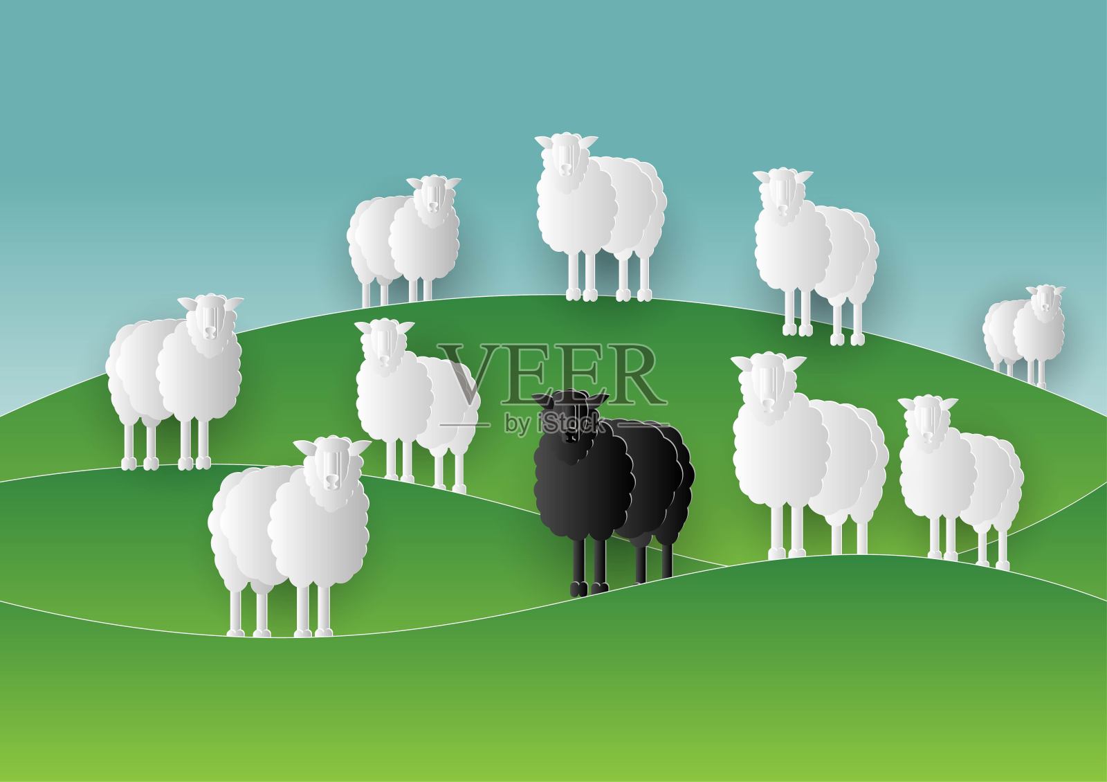 剪纸风格中，黑羊站在白羊群中间。羊肉家庭农场。剪纸的不同2个颜色的羊。矢量图插画图片素材