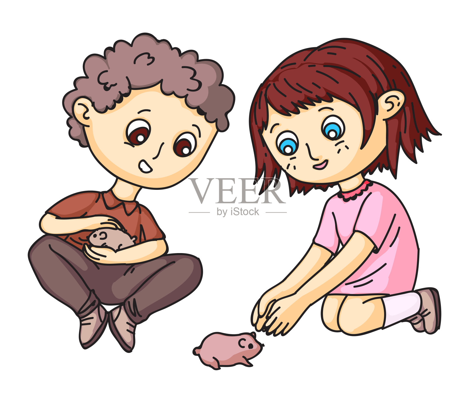 男孩和女孩在玩仓鼠或豚鼠设计元素图片