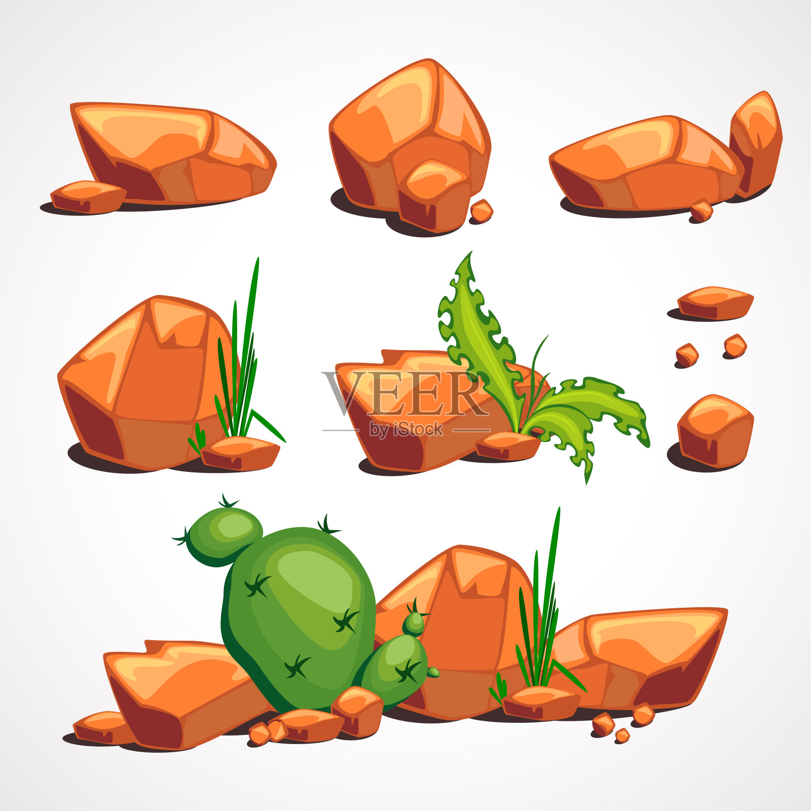 卡通沙漠石头与植物。矢量插图。设计元素图片