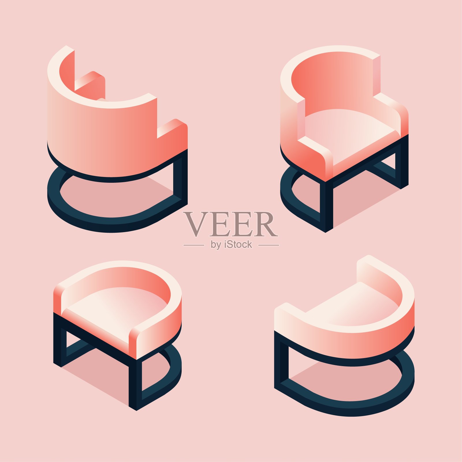 在粉红色的等距家具集合，孤立在柔和的背景。矢量3d集时尚的椅子插画图片素材