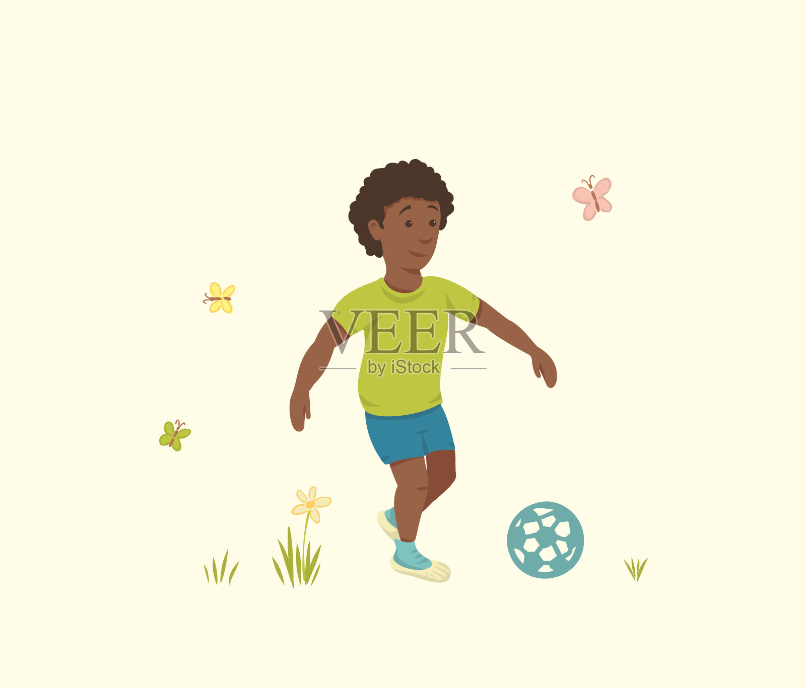 非裔美国男孩在室外玩足球插画图片素材