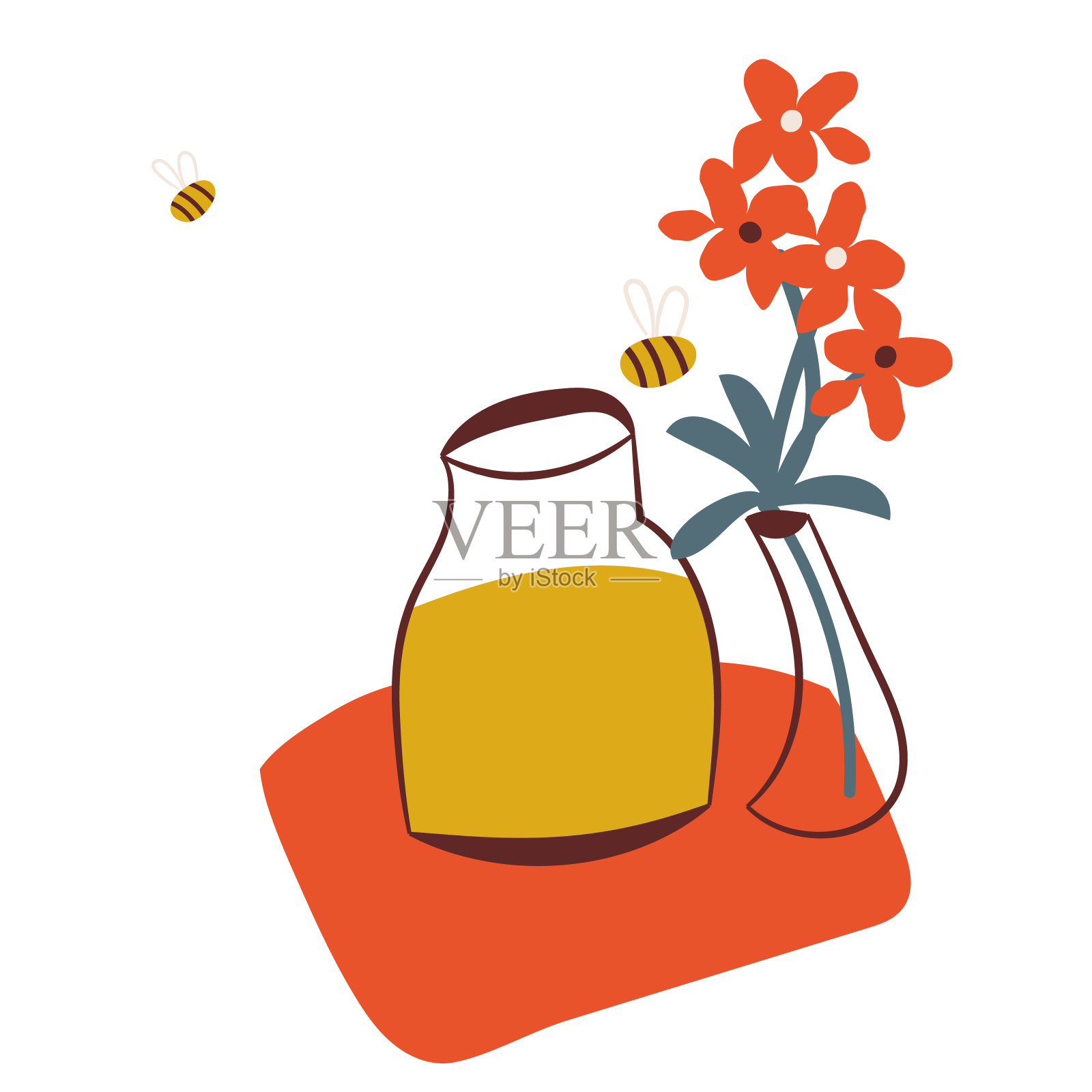 蜂蜜罐和鲜花花瓶矢量插图插画图片素材