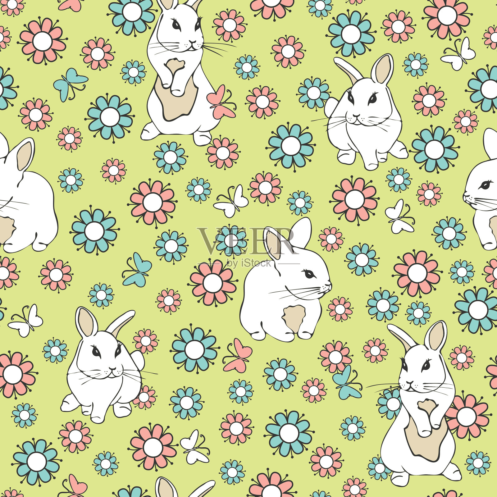 无缝矢量模式与白色的兔子和花在绿色的背景。粉色和蓝色花朵动物墙纸设计。插画图片素材