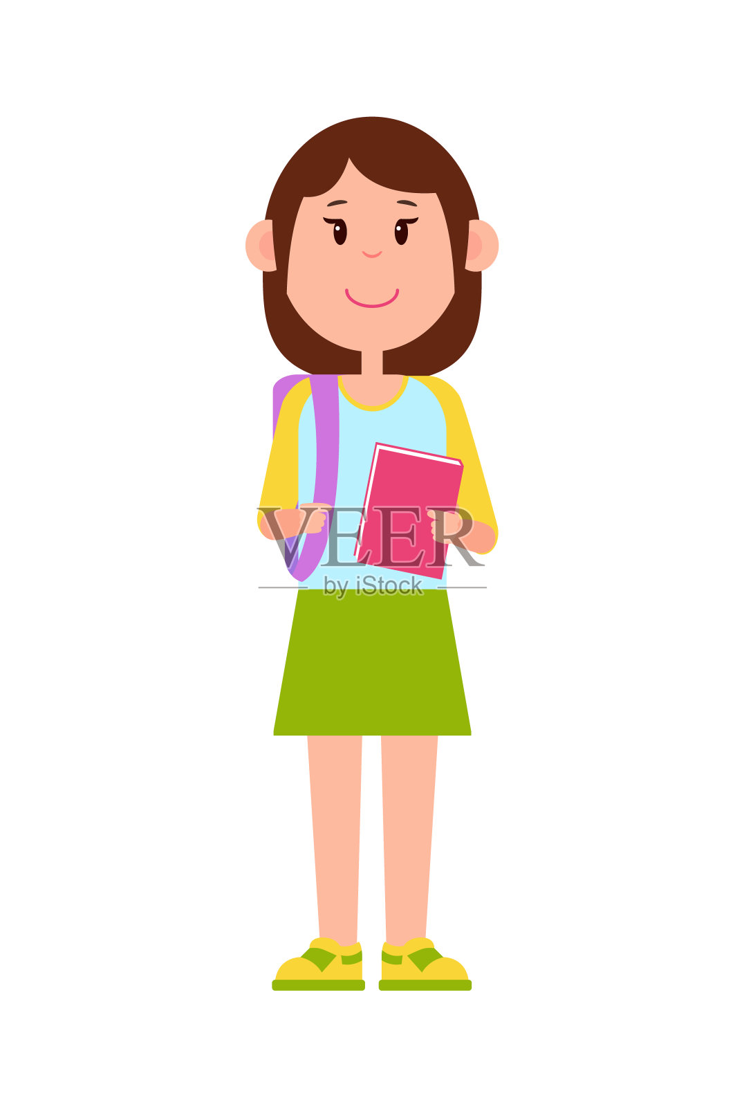 女生站在背包和粉色笔记本设计元素图片