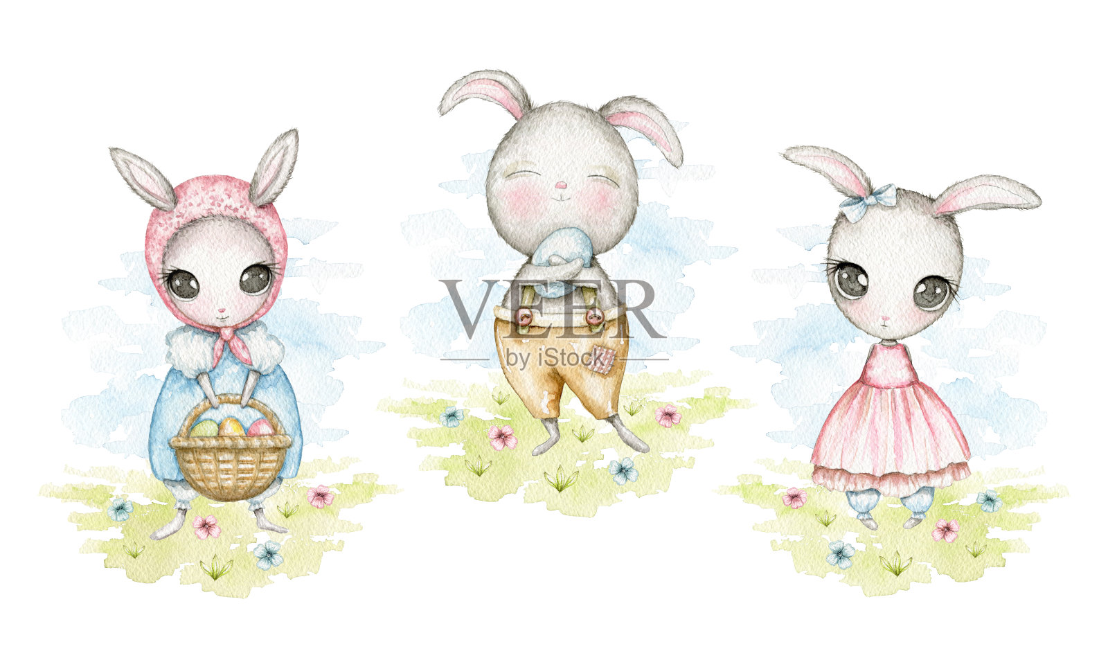 草地上三只复活节兔子的水彩画收藏设计元素图片
