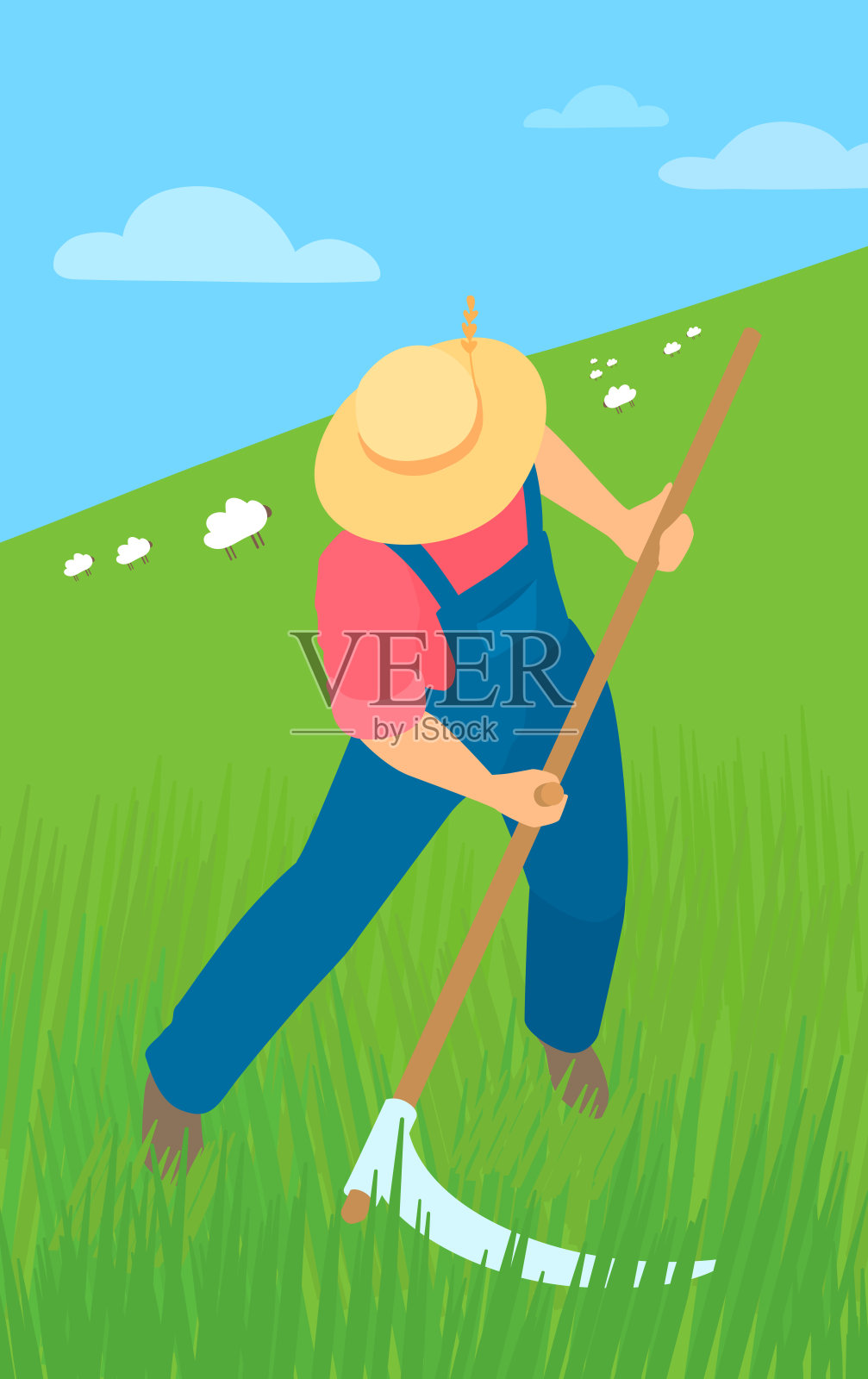 一个穿着工作服、戴着草帽的男人正在用一把大镰刀割草。插画图片素材