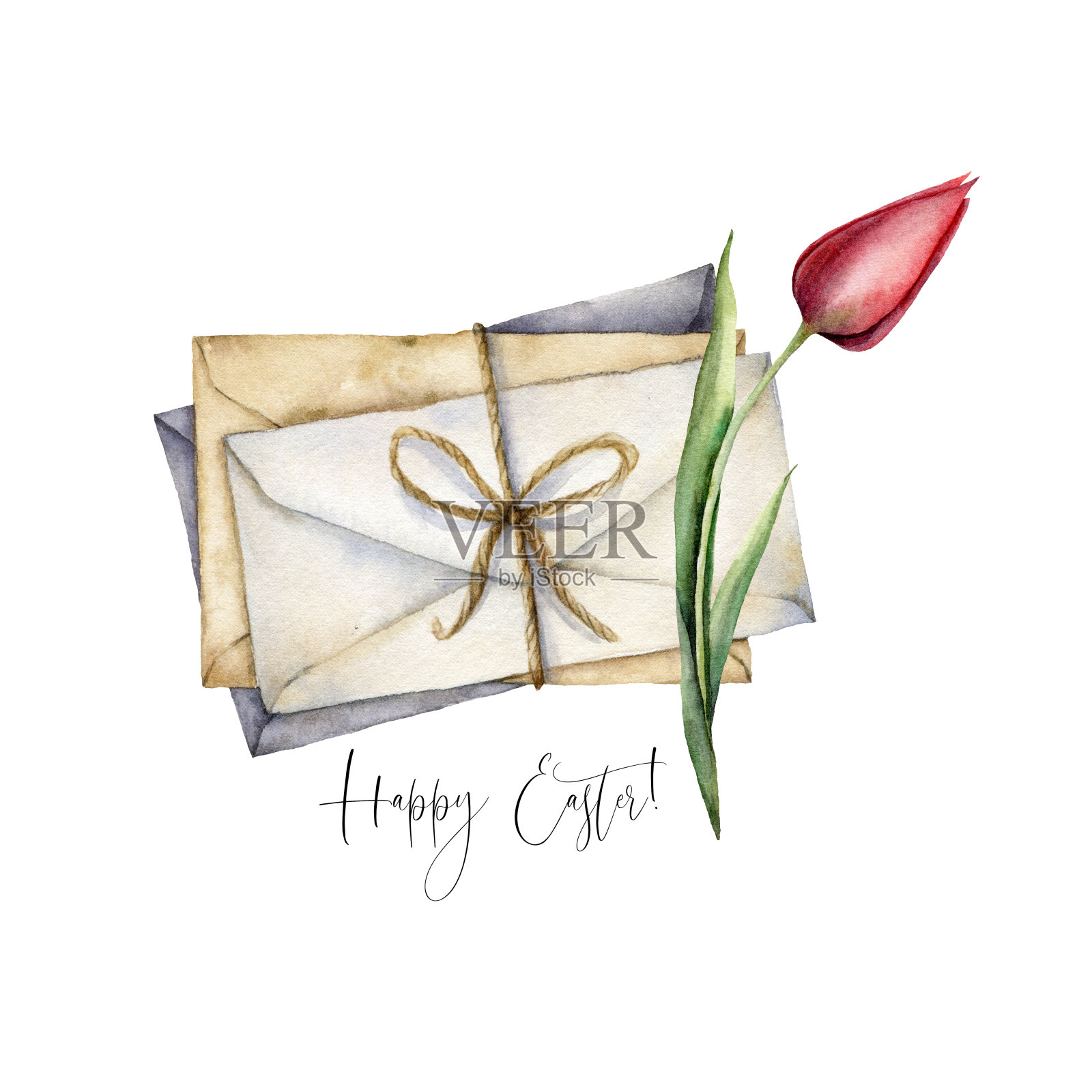 带信封和花的复活节快乐卡片。手绘极简设计与红色郁金香孤立的白色背景。用于印刷、织物或背景的老式插图。设计模板素材