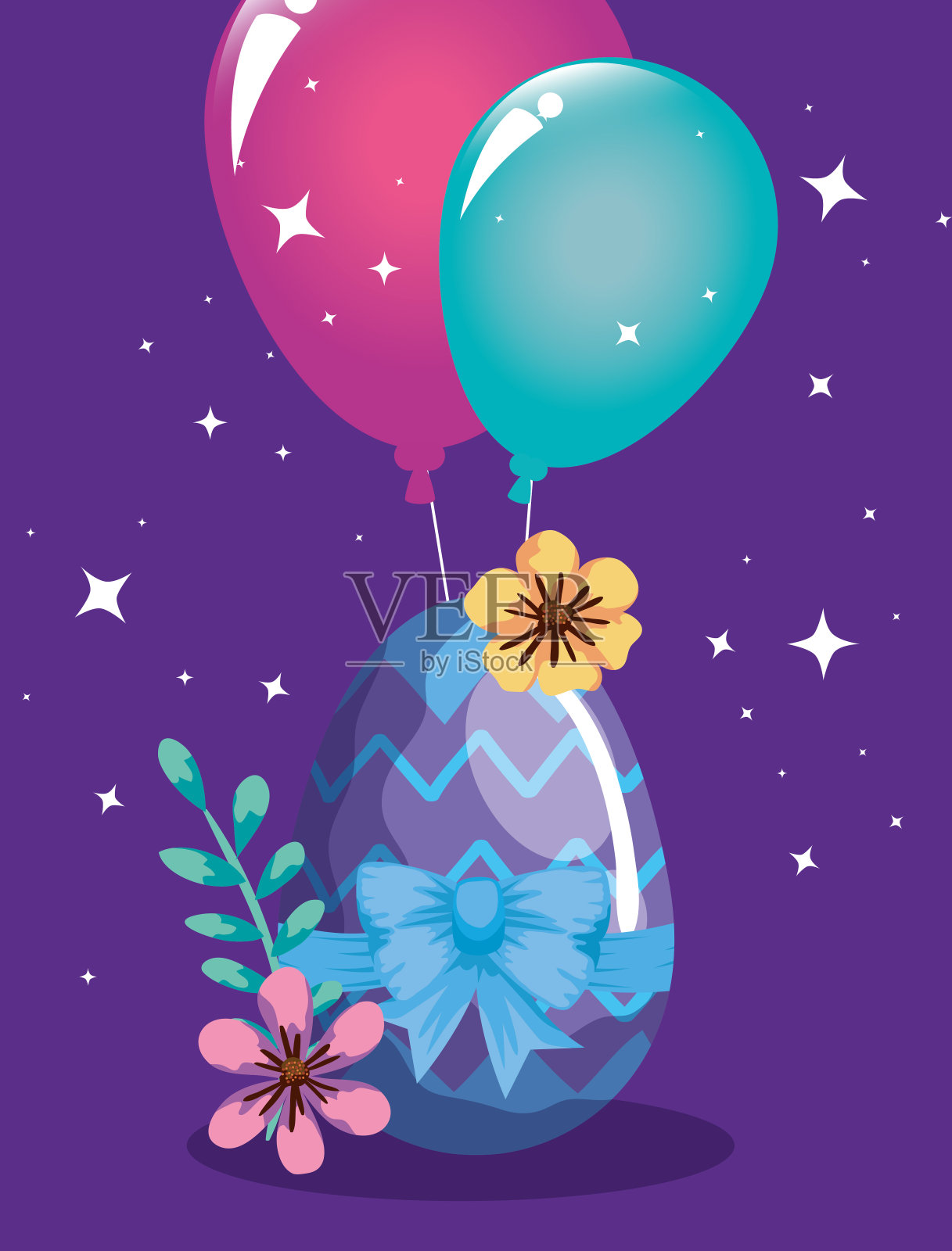 复活节用气球、氦气和花装饰彩蛋设计模板素材