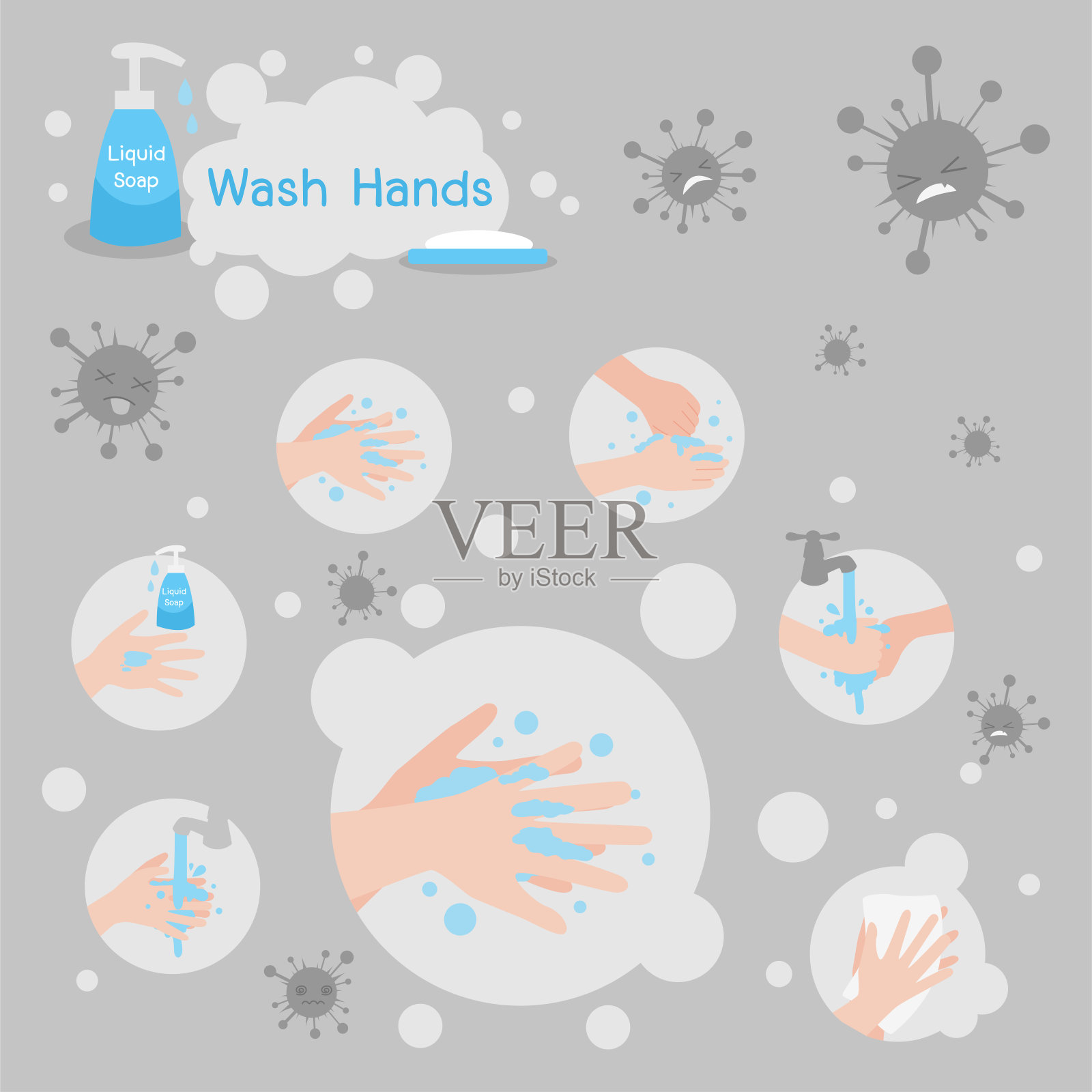 用肥皂洗手，洗手液能杀灭病毒，保护身体插画图片素材