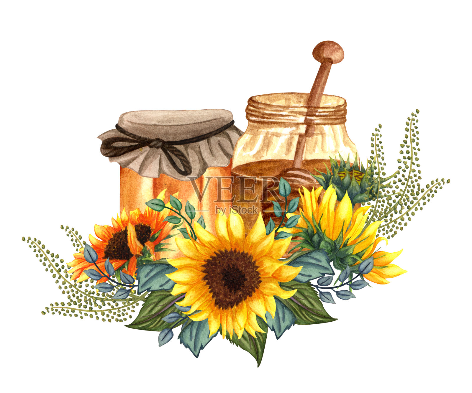 水彩健康蜂蜜玻璃罐，向日葵花和木制蜂蜜勺。手绘有机食品插图插画图片素材