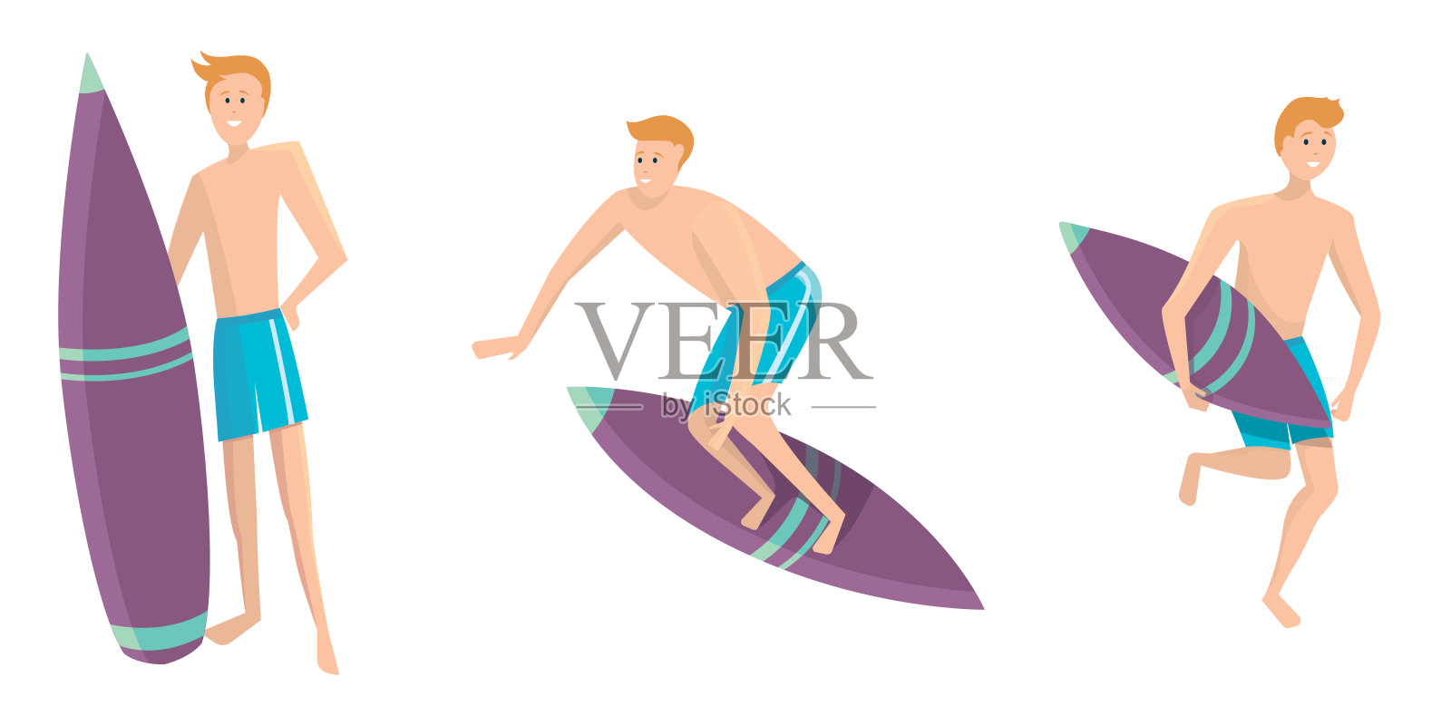 矢量组的冲浪者在不同的姿态。插画图片素材