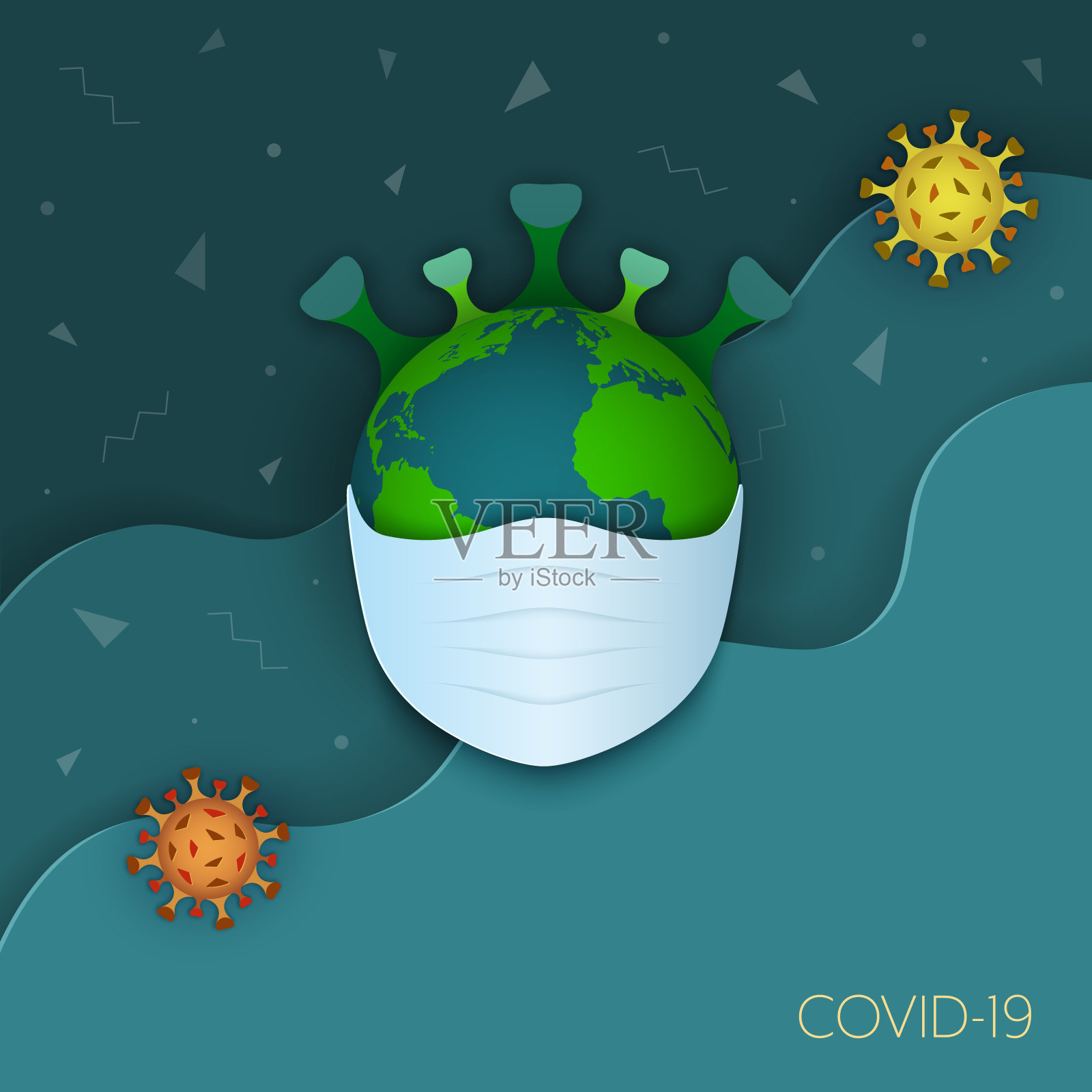 行星地球与冠状病毒(2019-nCoV)冠状病毒的医疗口罩在波浪背景与漂浮的冠状病毒颗粒周围。矢量插图在卡通纸艺术风格。插画图片素材