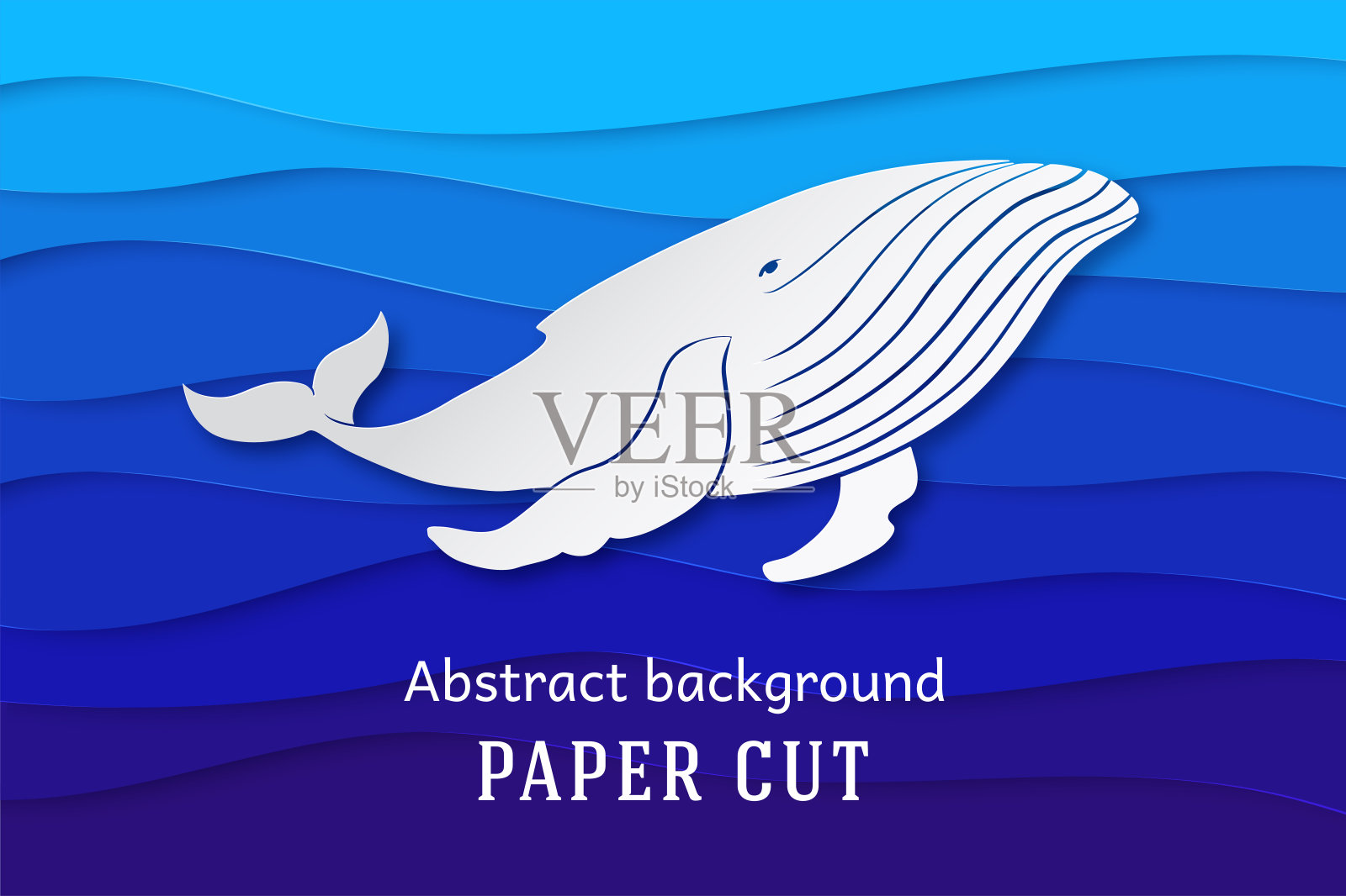 纸艺术的概念。蓝色的手工折纸海浪。白色的座头鲸。水下背景与文字的地方。向量设计元素图片