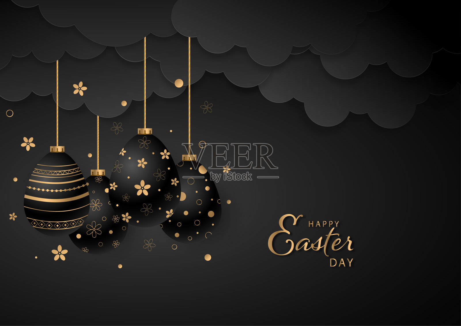 复活节快乐向量黑色背景与手绘鸡蛋下挂云。节日贺卡，宣传册，横幅。设计模板素材