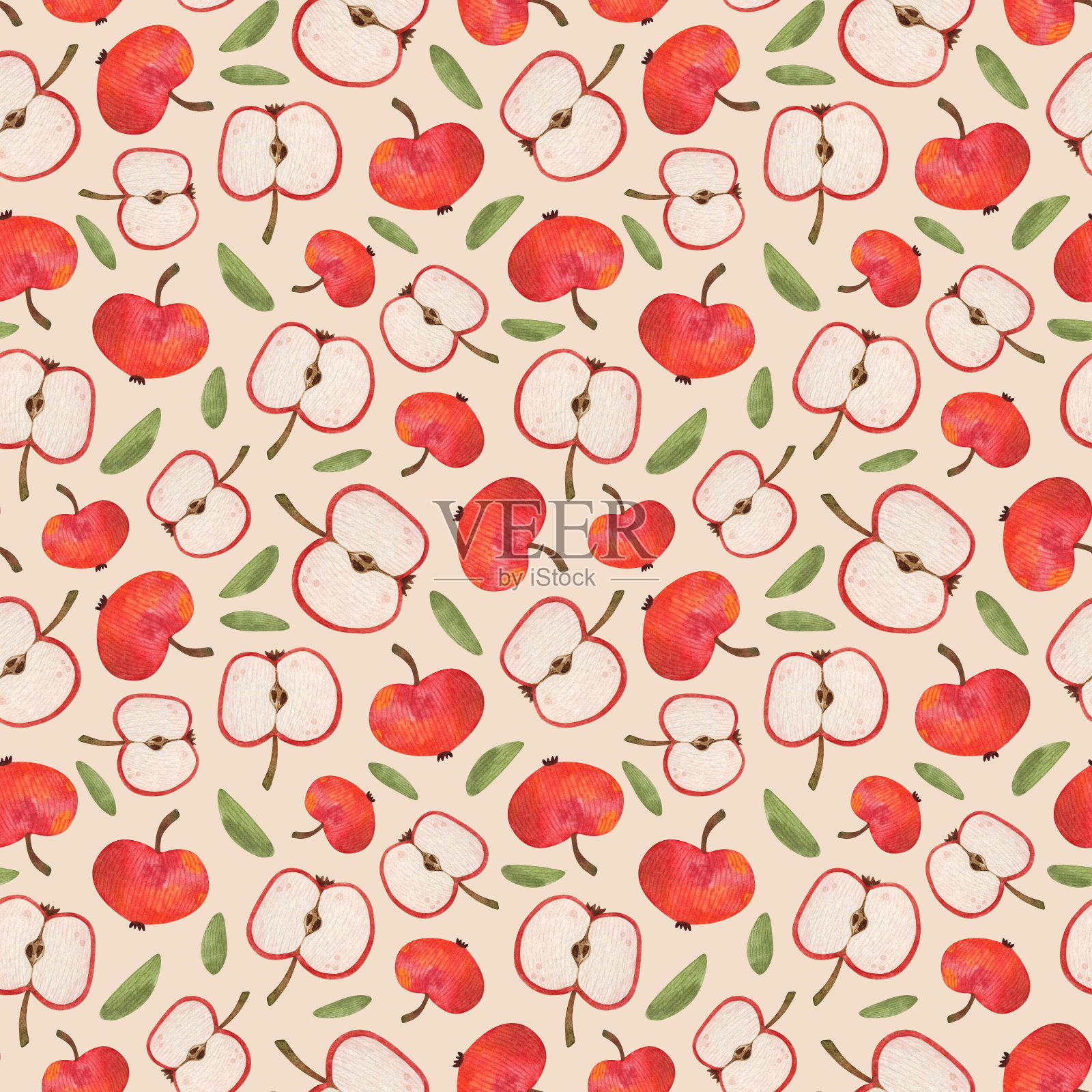 水彩无缝图案，红色整体和切苹果。插画图片素材