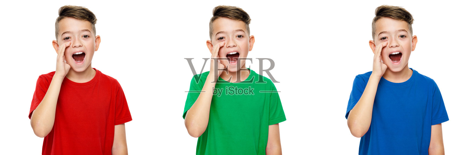 一个穿着彩色t恤的可爱男孩的拼贴画，对着镜头大喊大叫。白色背景下的言语治疗概念。前视图。照片摄影图片