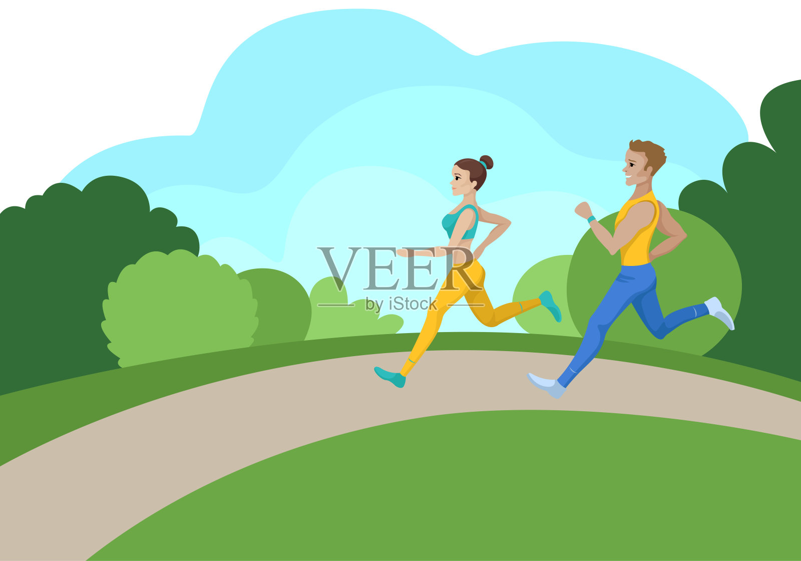 一个男人和一个女孩在公园里慢跑。夏季健身。矢量图插画图片素材
