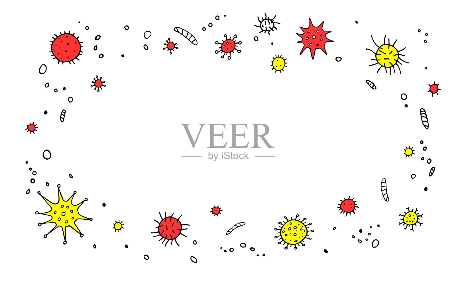 背景，框架与病毒。分子病毒细菌感染。冠状病毒轮廓涂鸦轮廓手绘插画图片素材