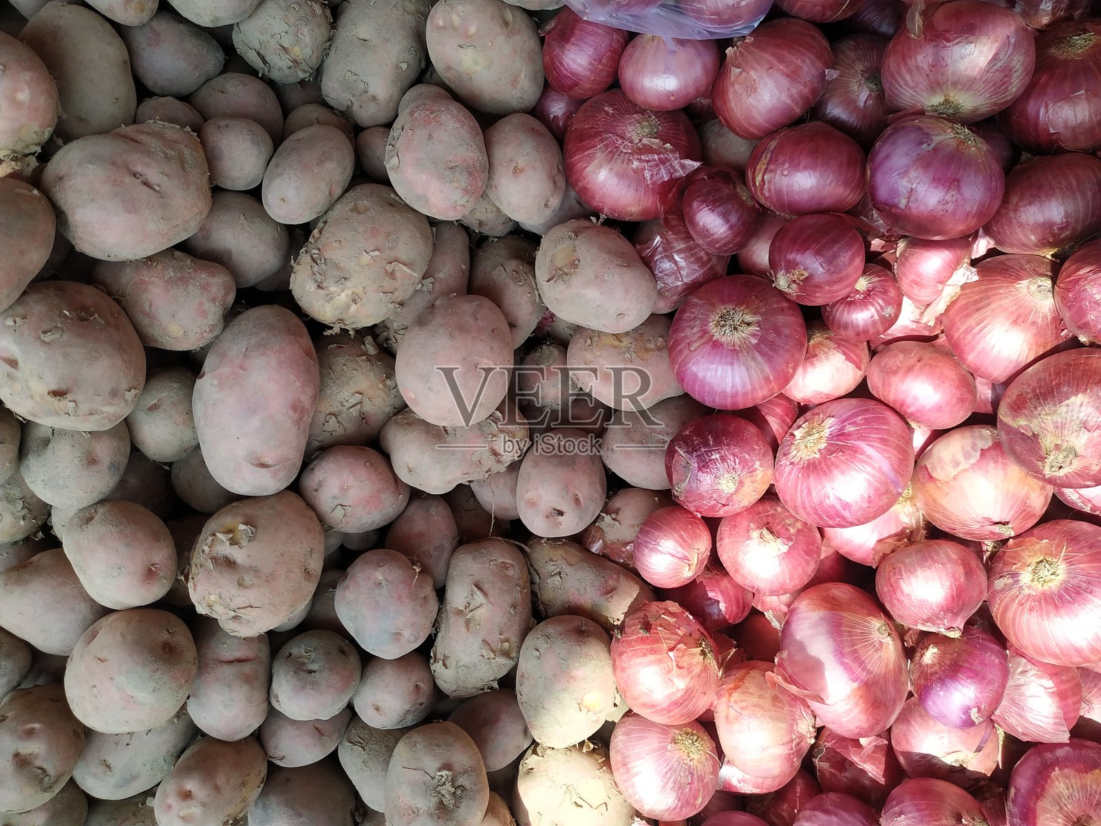 天然新鲜土豆和洋葱分离背景。照片摄影图片